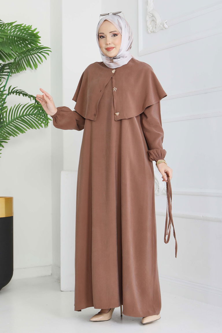 Pelerinli Düğmeli Elbise - 28221-KAHVE - TOFİSA