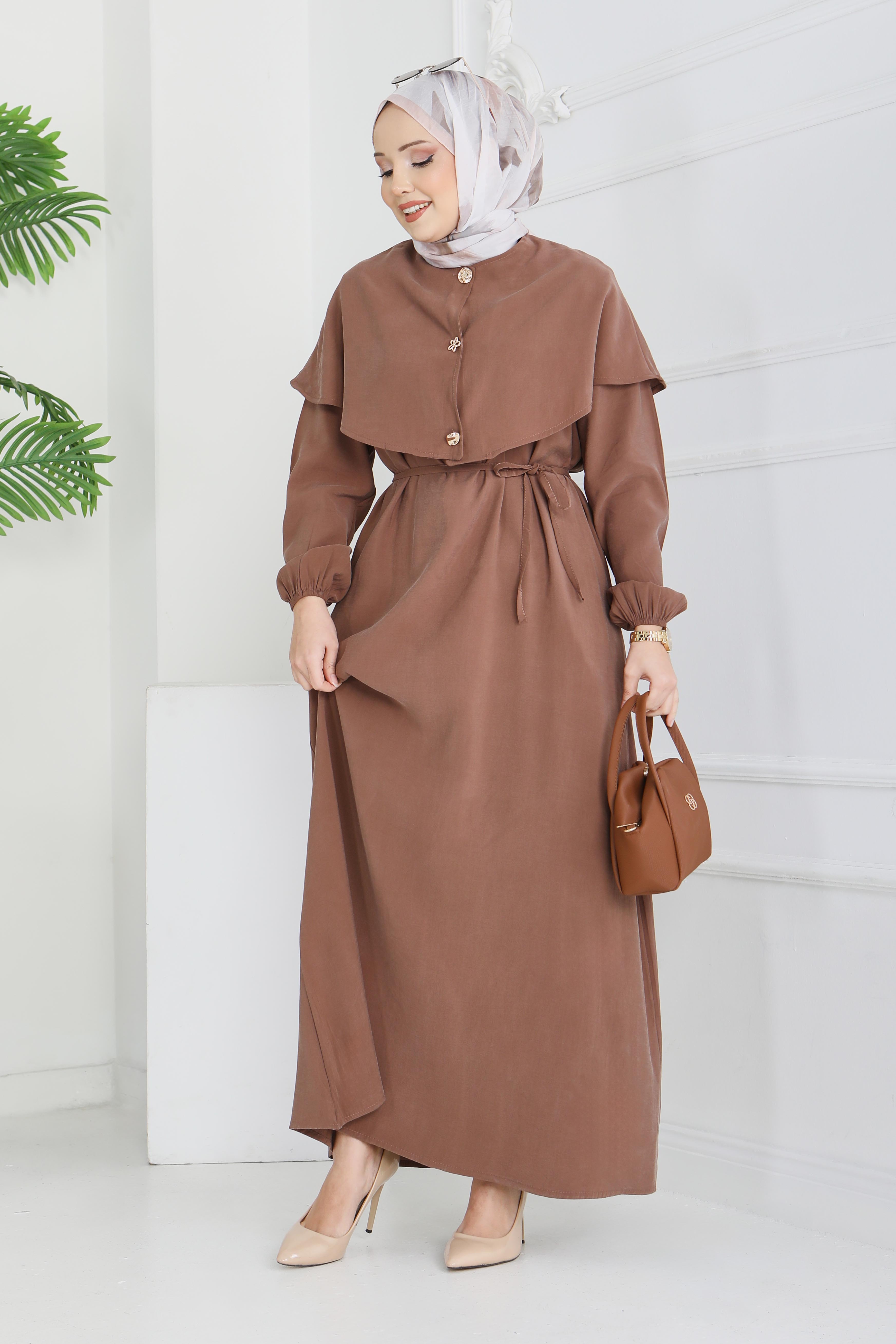 Pelerinli Düğmeli Elbise - 28221-KAHVE - 3