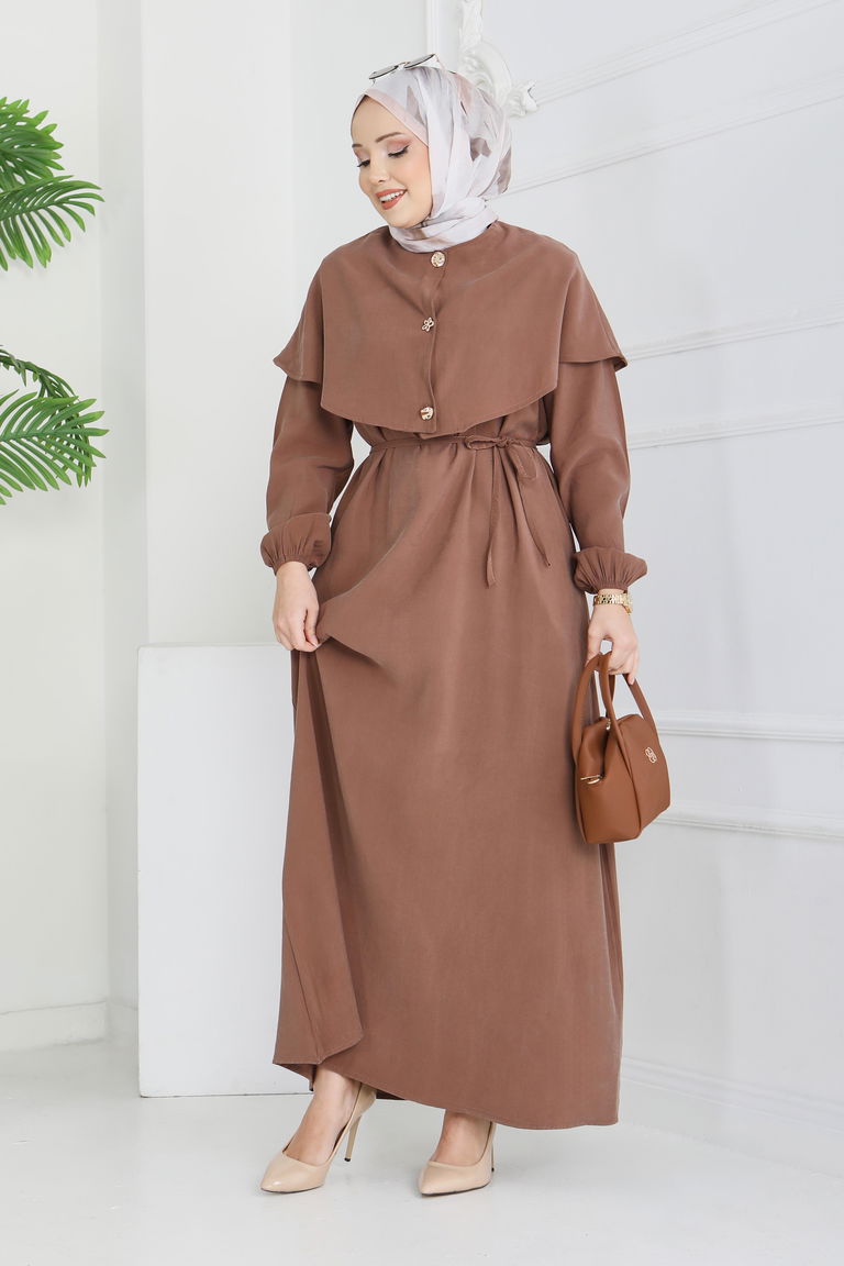 Pelerinli Düğmeli Elbise - 28221-KAHVE - TOFİSA