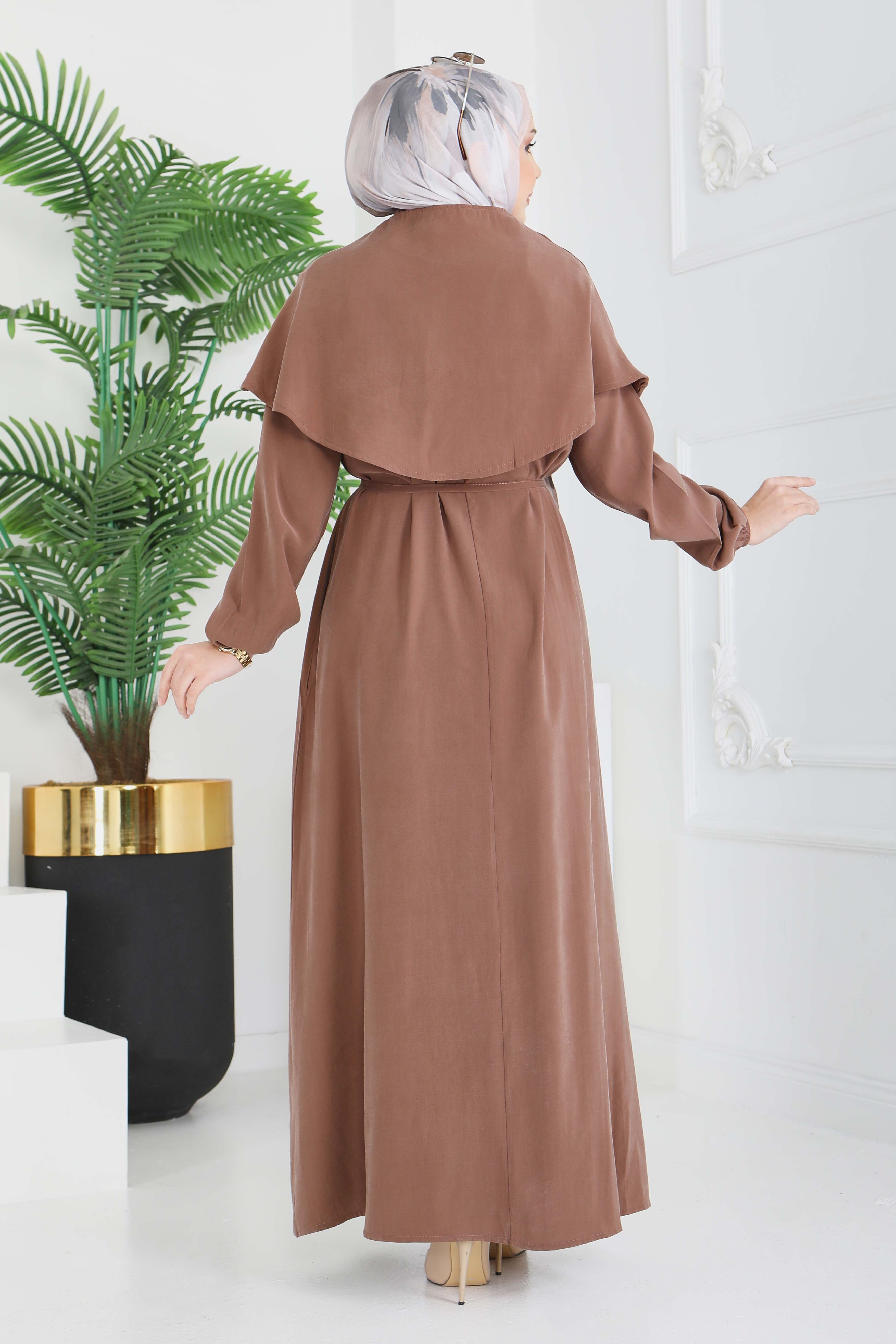 Pelerinli Düğmeli Elbise - 28221-KAHVE - 6