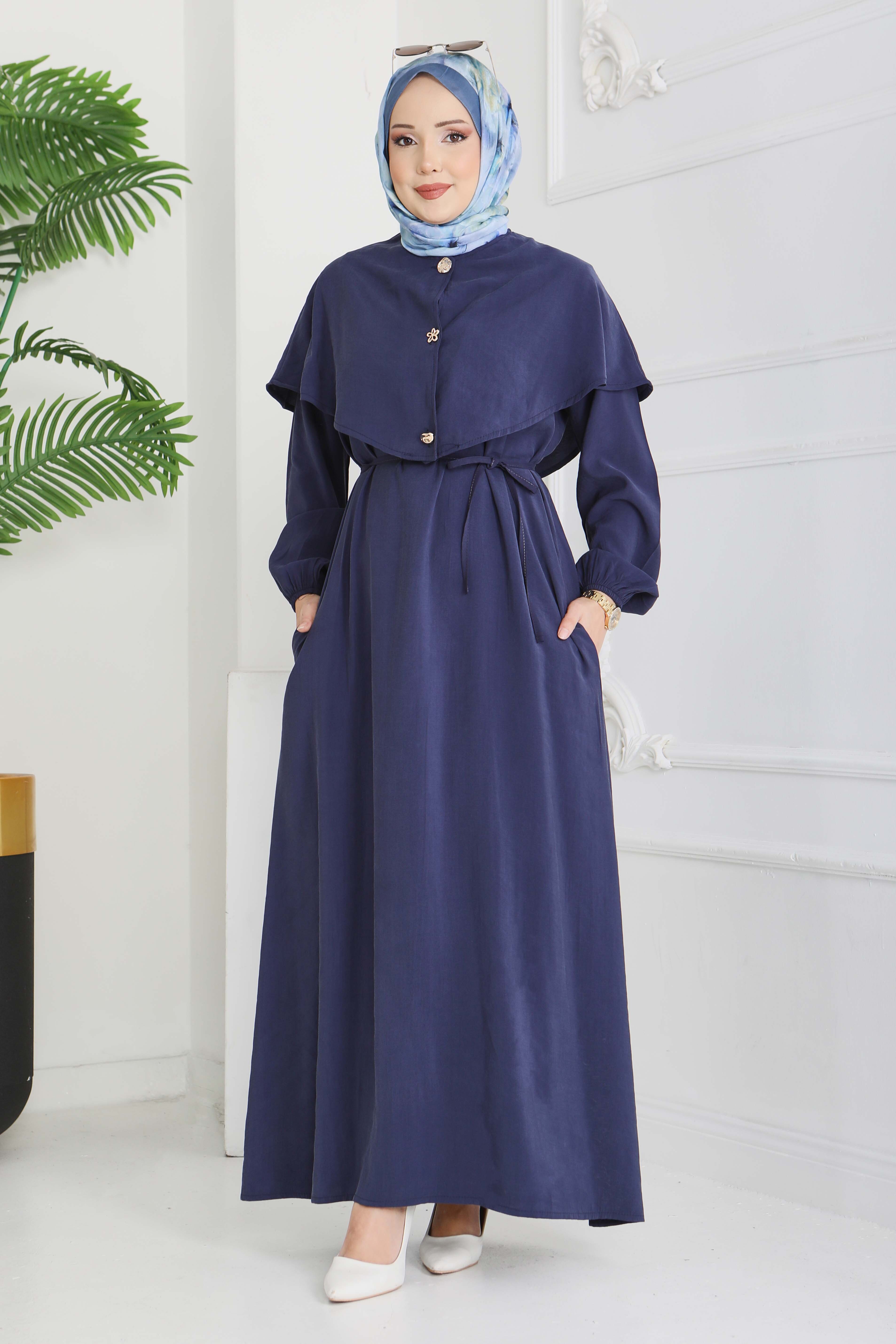 Pelerinli Düğmeli Elbise - 28221-LACIVERT - 1