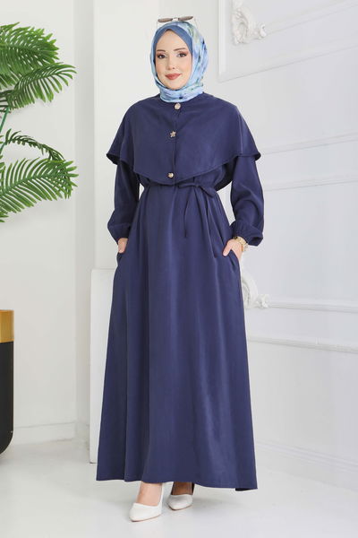 Pelerinli Düğmeli Elbise - 28221-LACIVERT 