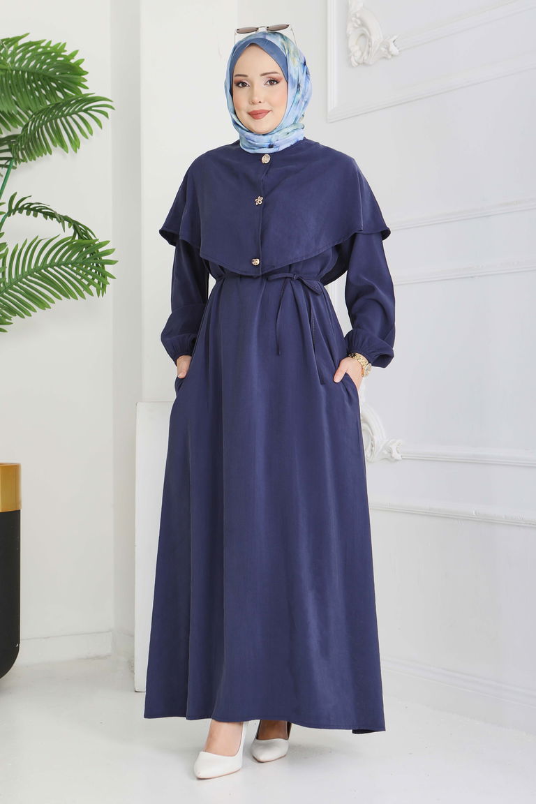 Pelerinli Düğmeli Elbise - 28221-LACIVERT - TOFİSA