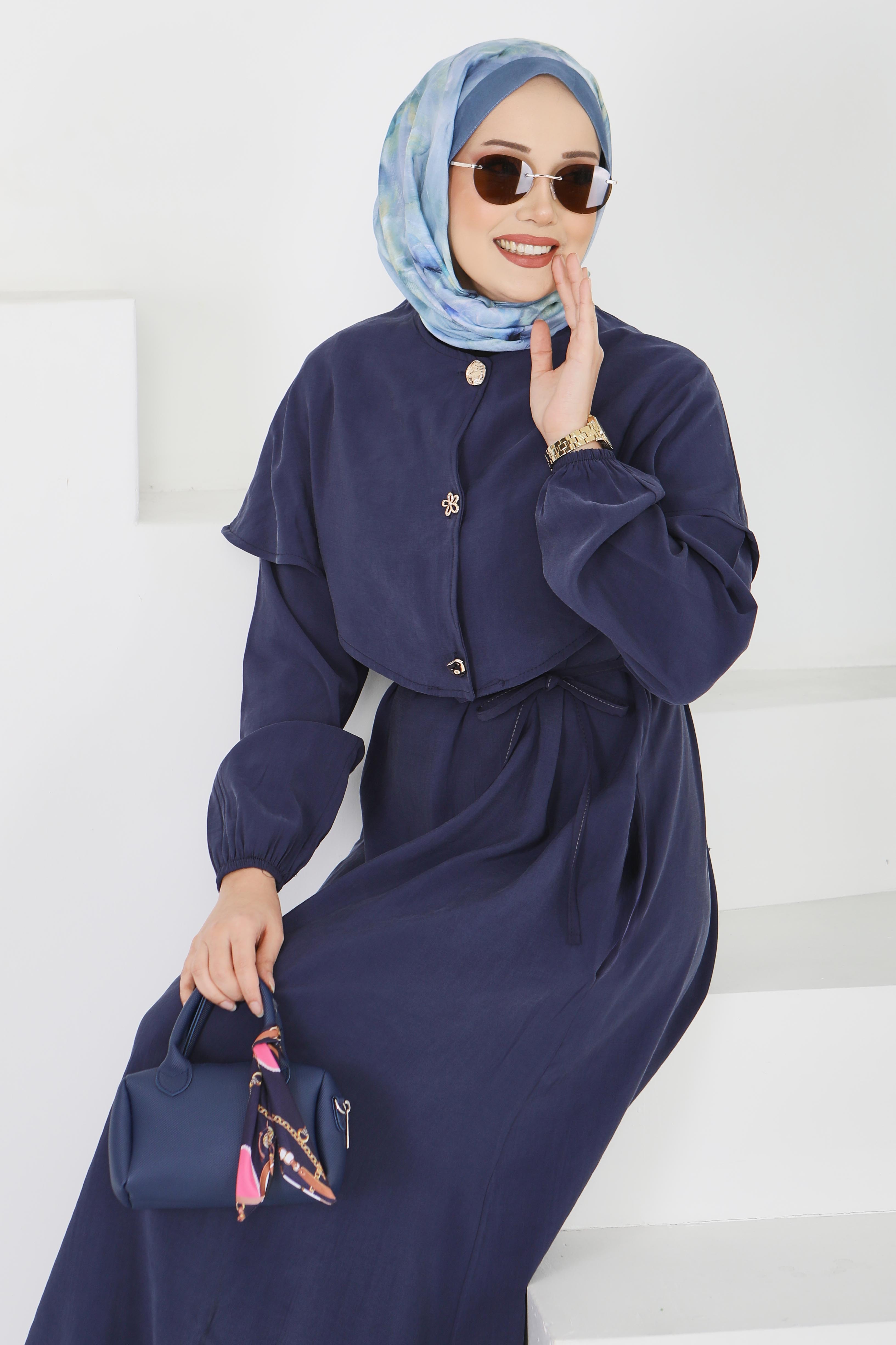 Pelerinli Düğmeli Elbise - 28221-LACIVERT - 2