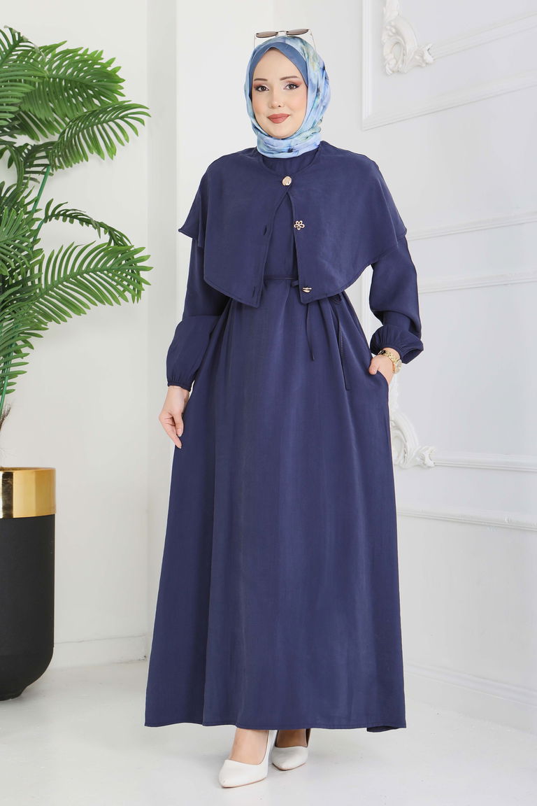 Pelerinli Düğmeli Elbise - 28221-LACIVERT - TOFİSA