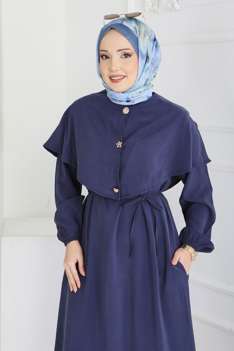 Pelerinli Düğmeli Elbise - 28221-LACIVERT - TOFİSA