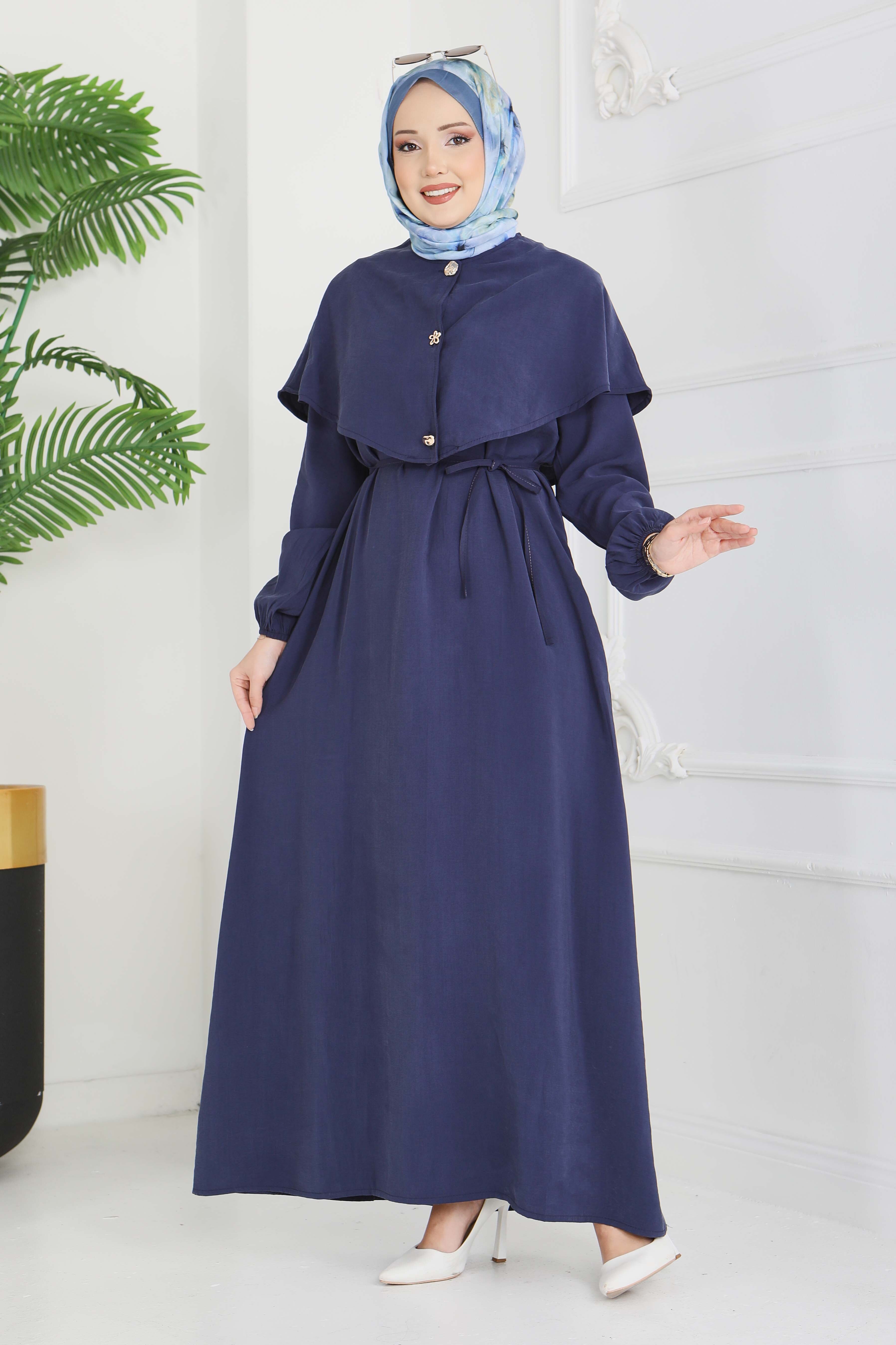 Pelerinli Düğmeli Elbise - 28221-LACIVERT - 5