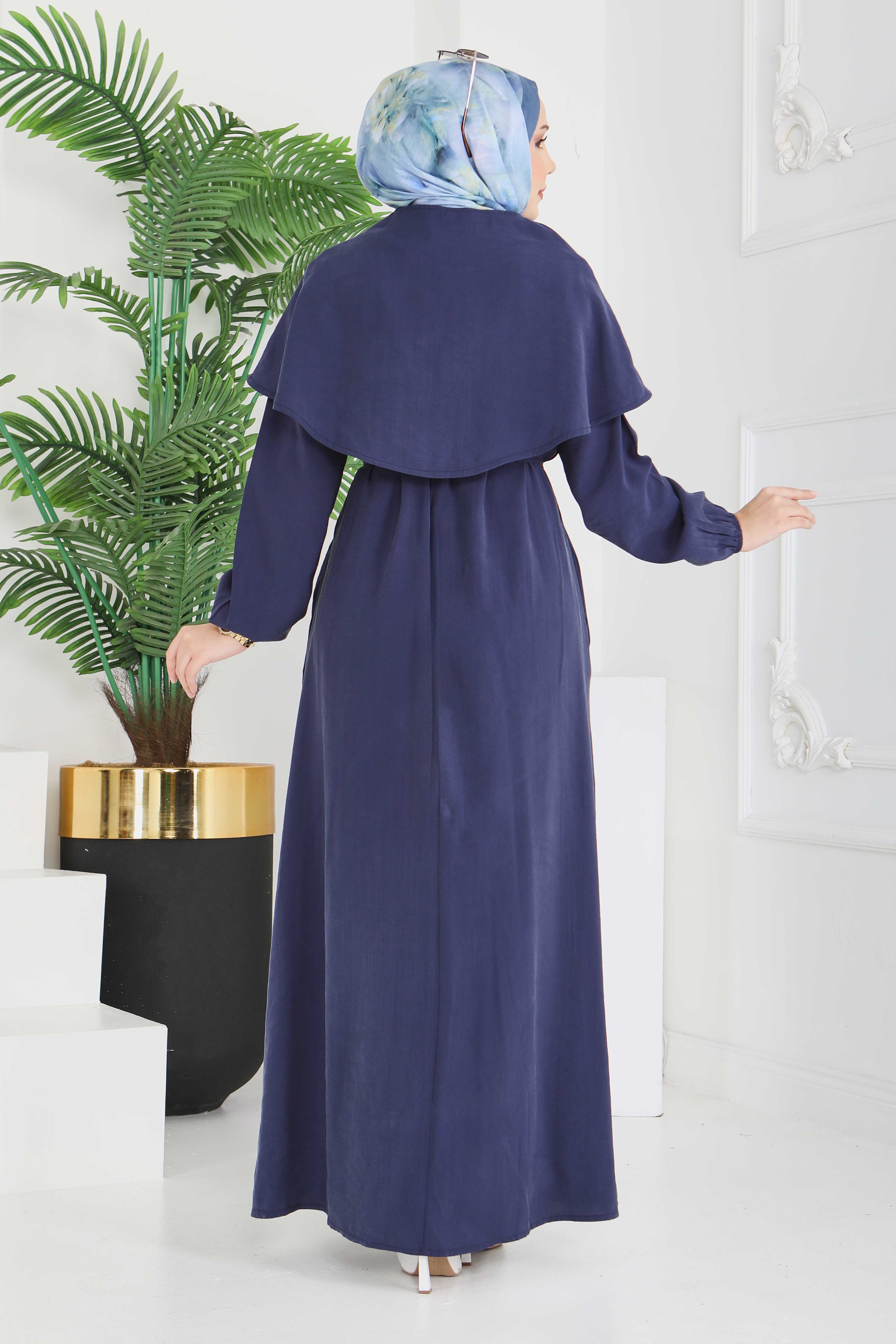 Pelerinli Düğmeli Elbise - 28221-LACIVERT - 6