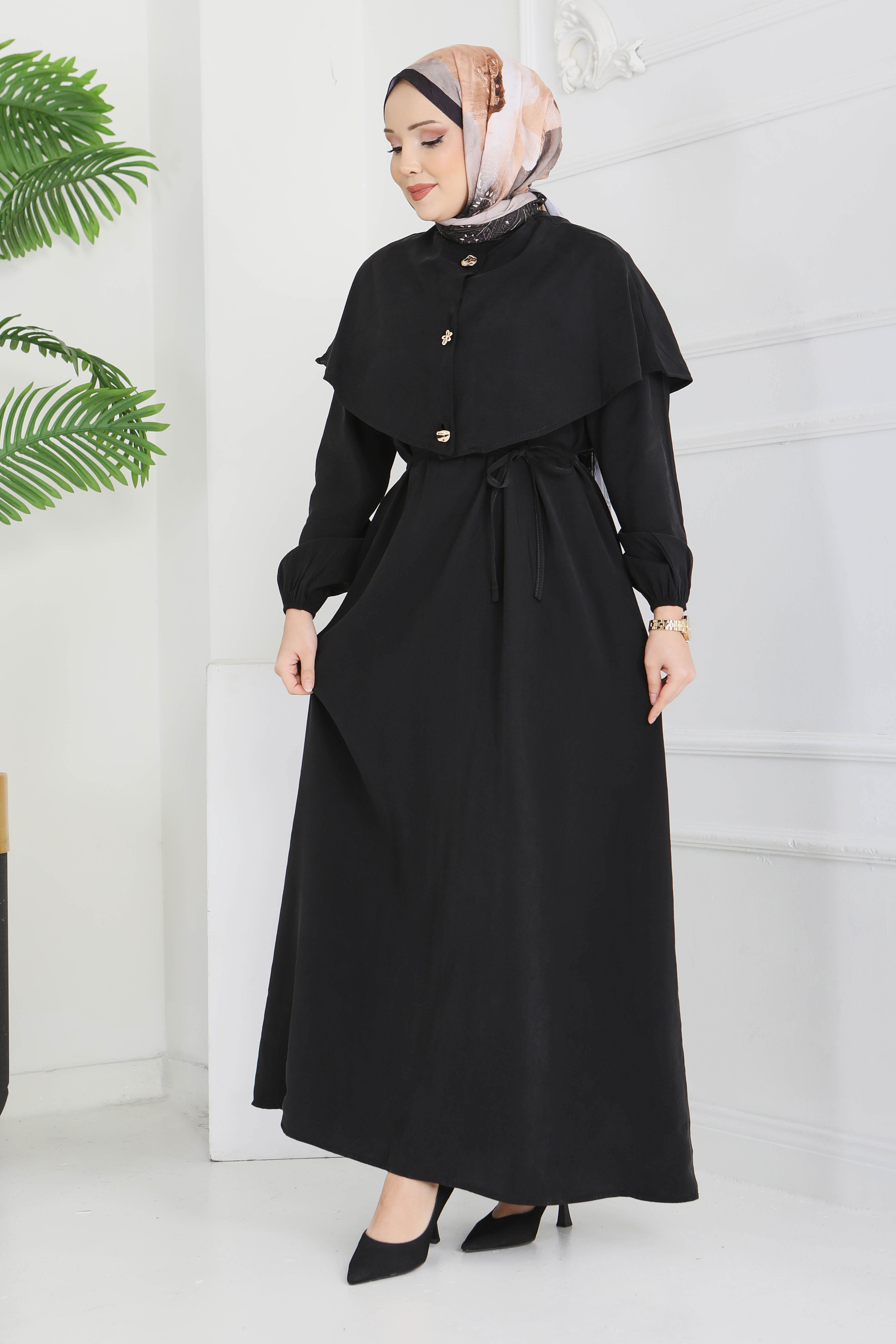 Pelerinli Düğmeli Elbise - 28221-SIYAH - 1