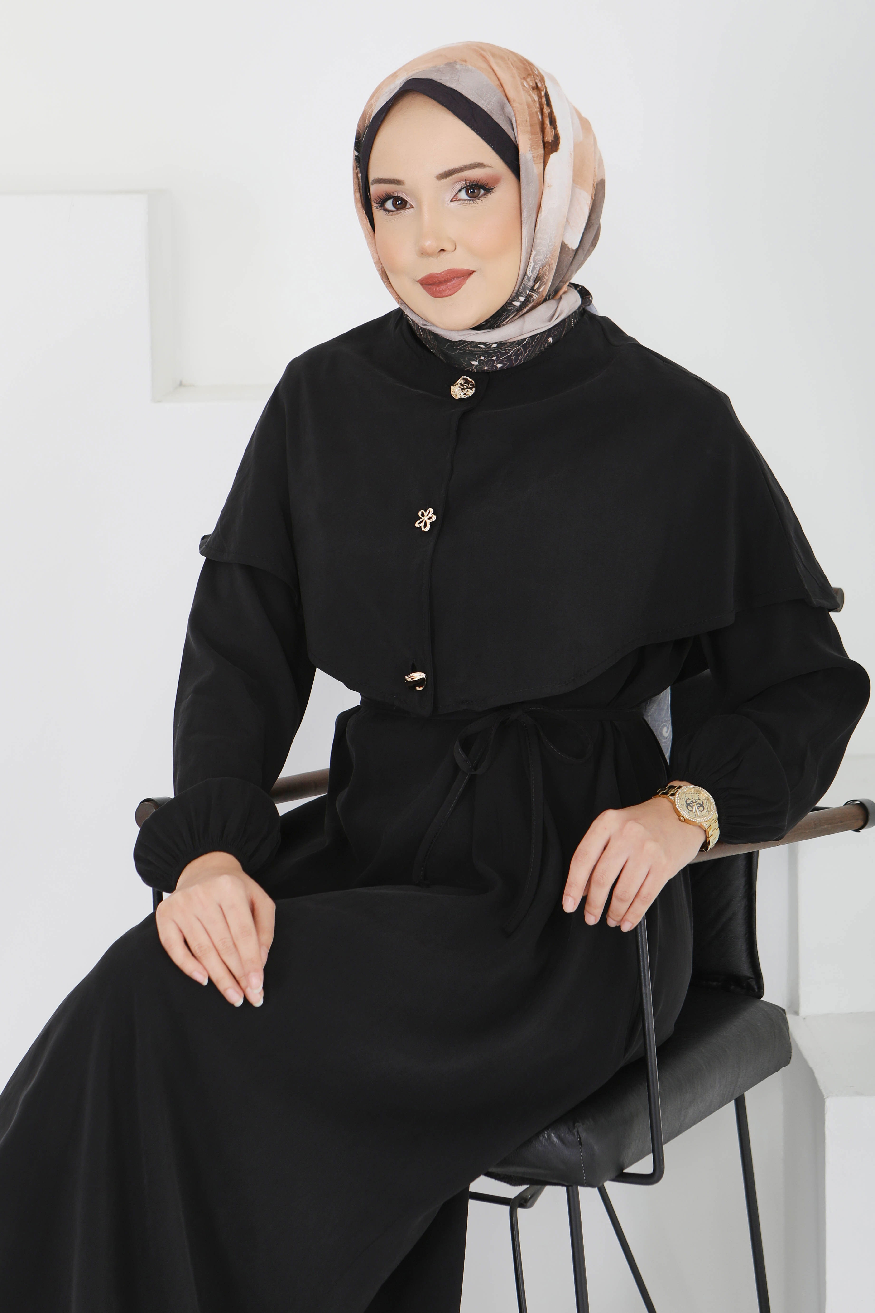 Pelerinli Düğmeli Elbise - 28221-SIYAH - 2