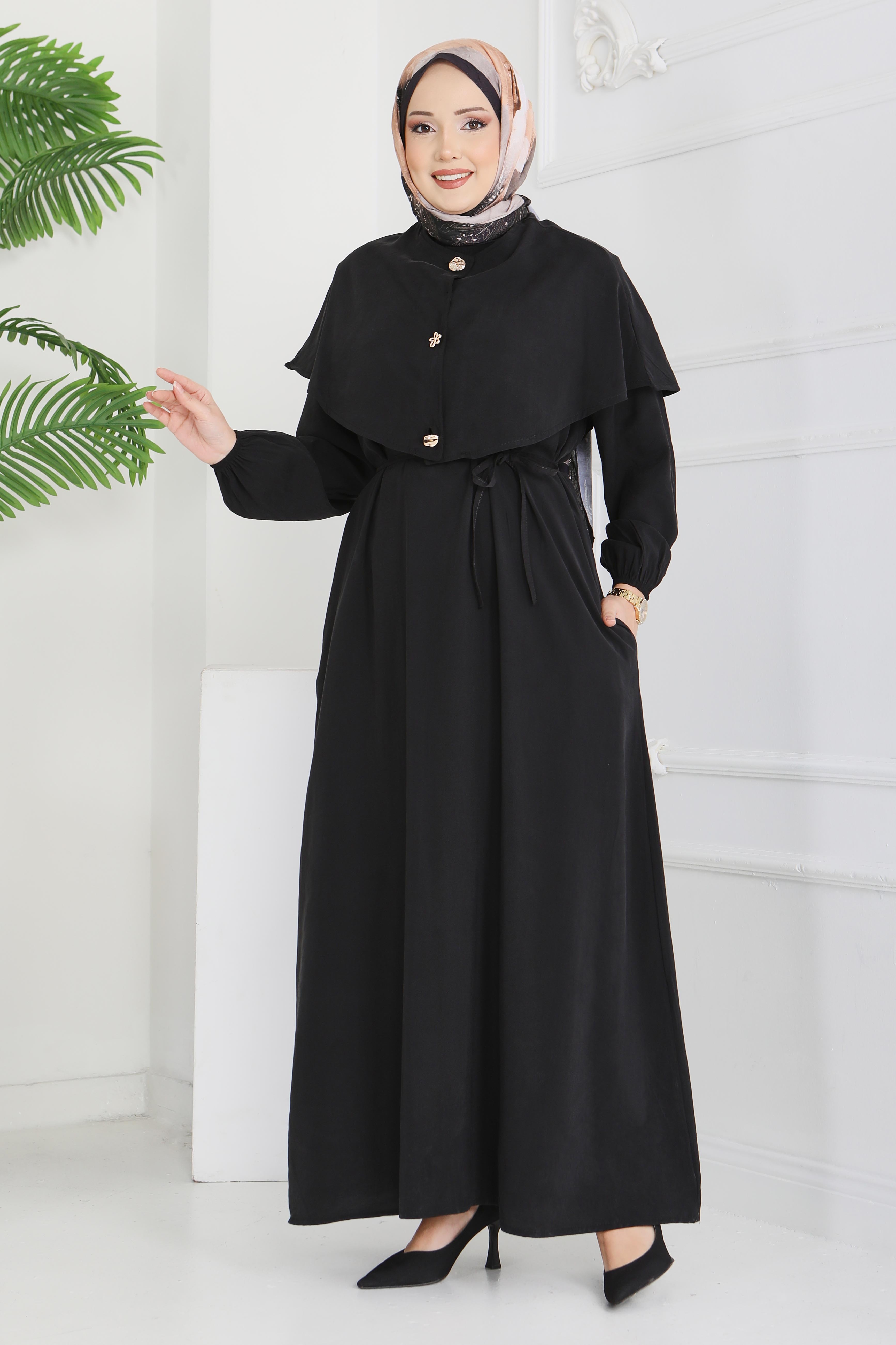 Pelerinli Düğmeli Elbise - 28221-SIYAH - 3