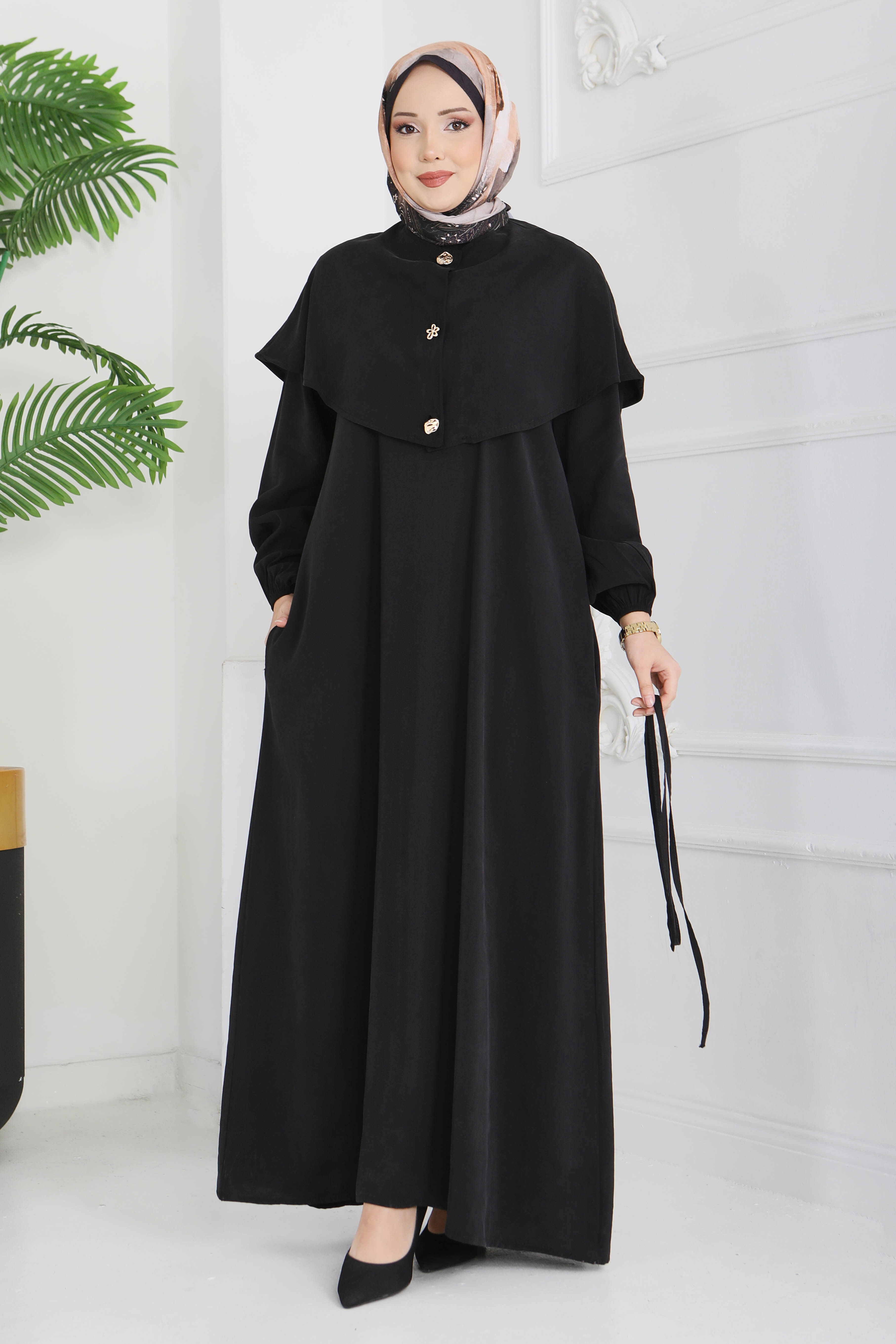 Pelerinli Düğmeli Elbise - 28221-SIYAH - 4