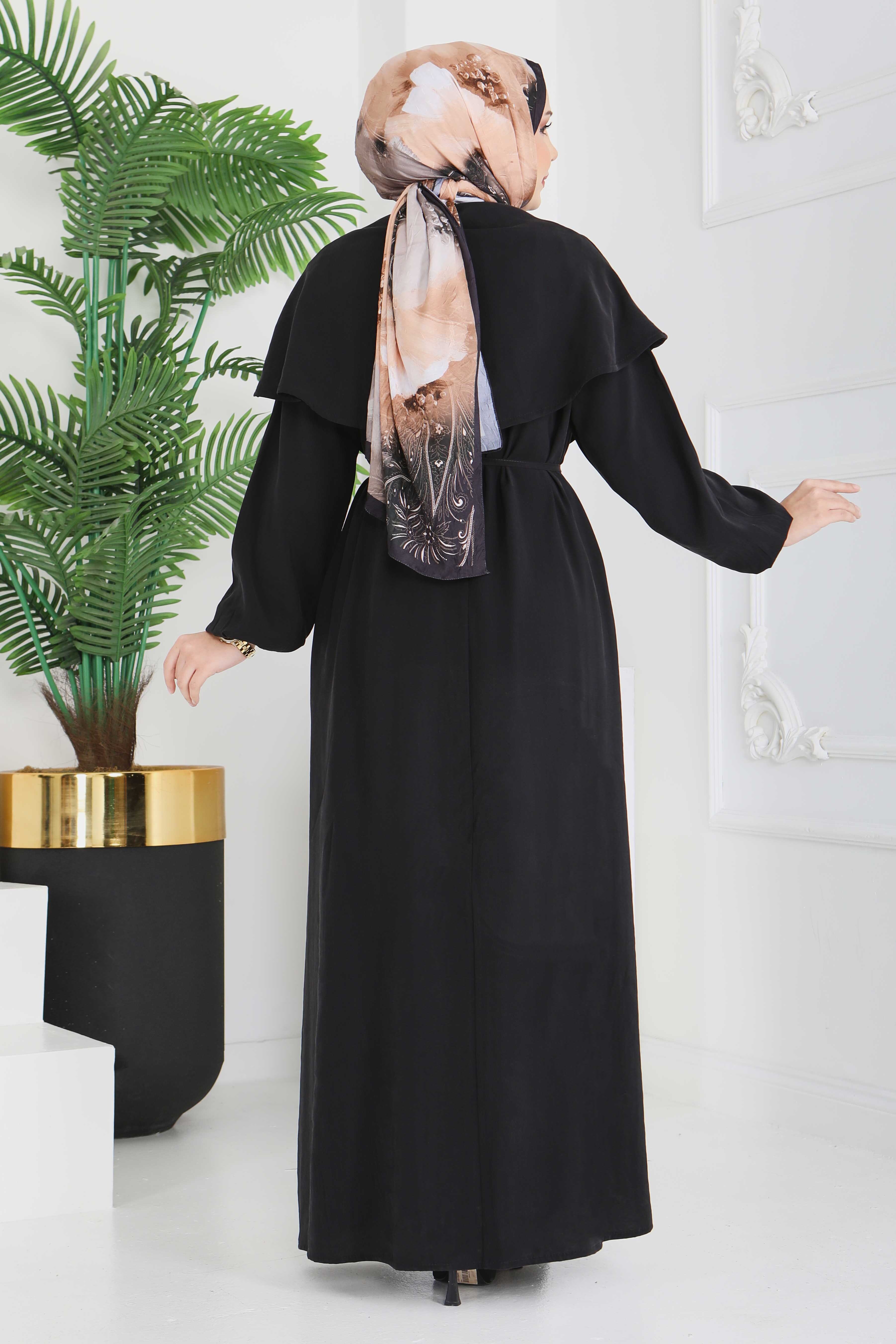 Pelerinli Düğmeli Elbise - 28221-SIYAH - 5