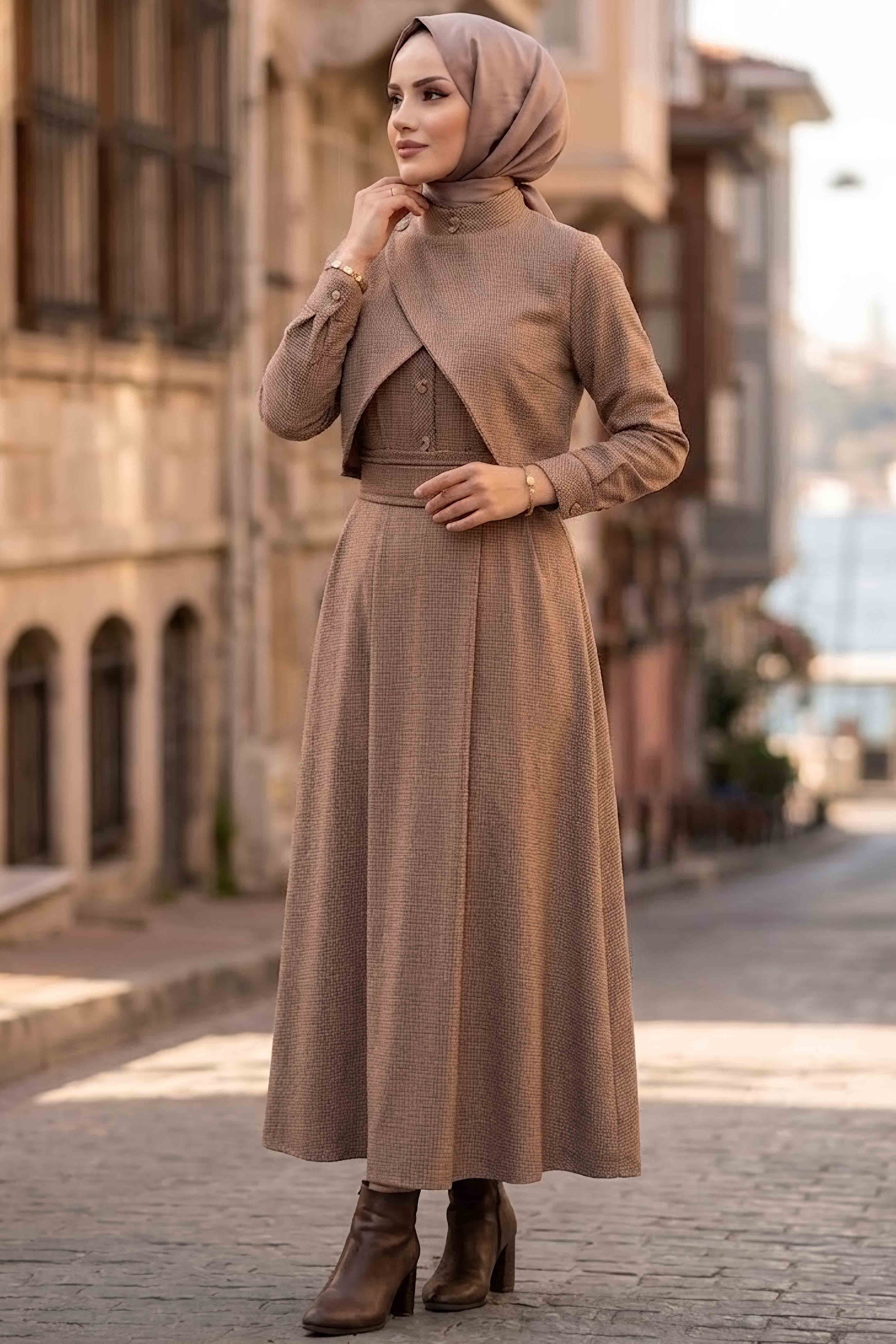 Pelerinli Düğmeli Kuşaklı Elbise Bordo - 28837-BORDO - 1