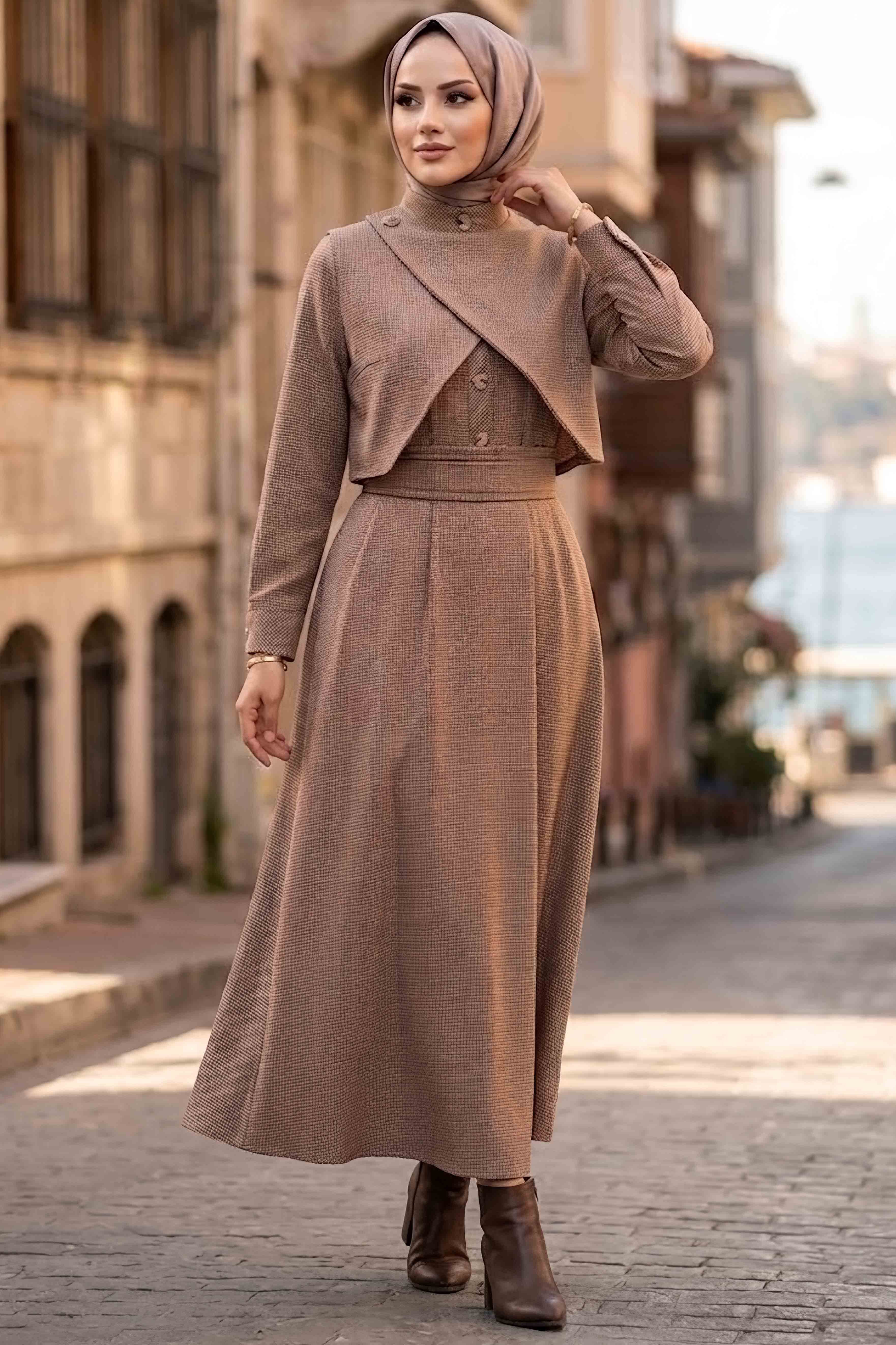 Pelerinli Düğmeli Kuşaklı Elbise Bordo - 28837-BORDO - 2