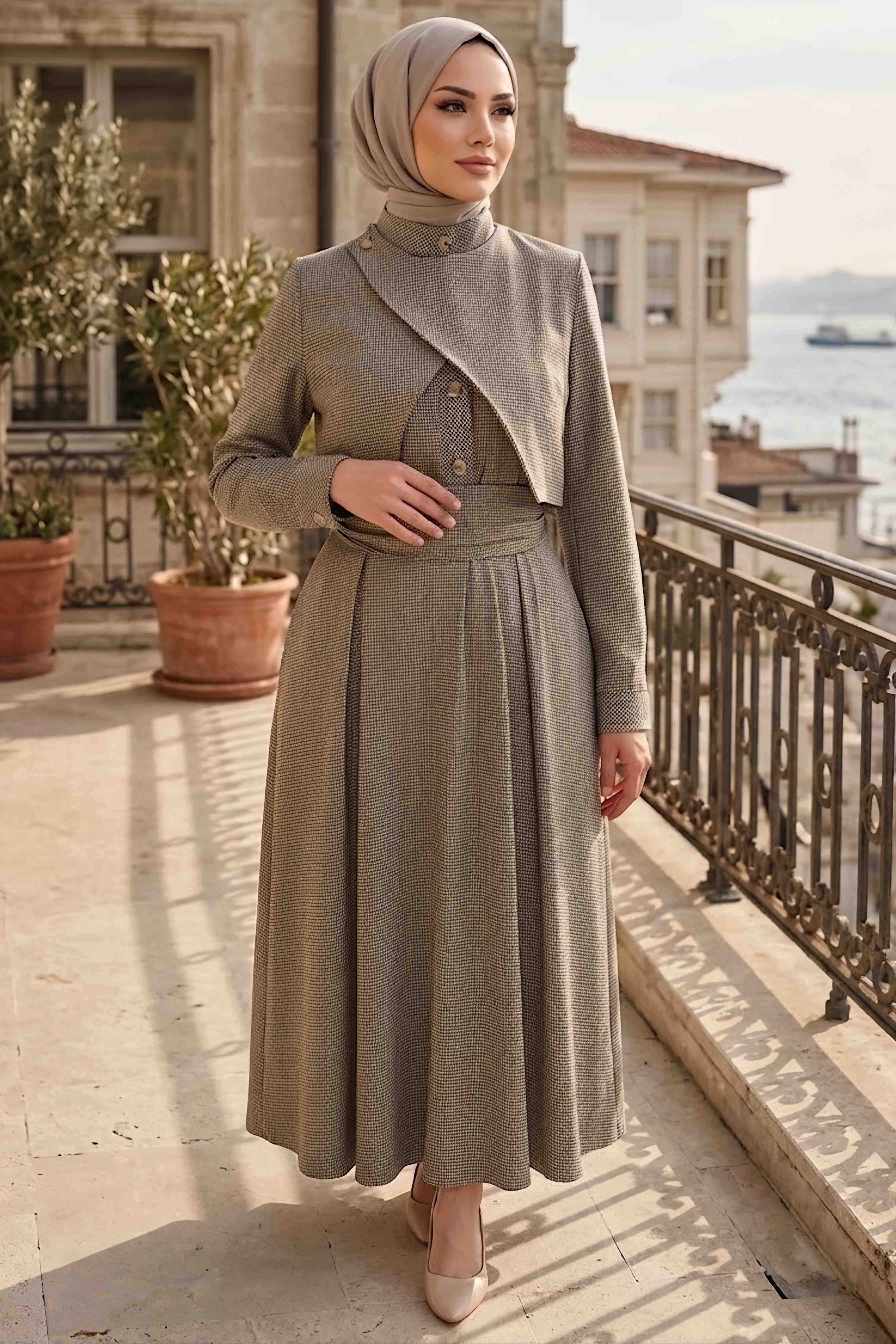 Pelerinli Düğmeli Kuşaklı Elbise Lacivert - 28837-LACIVERT - 1