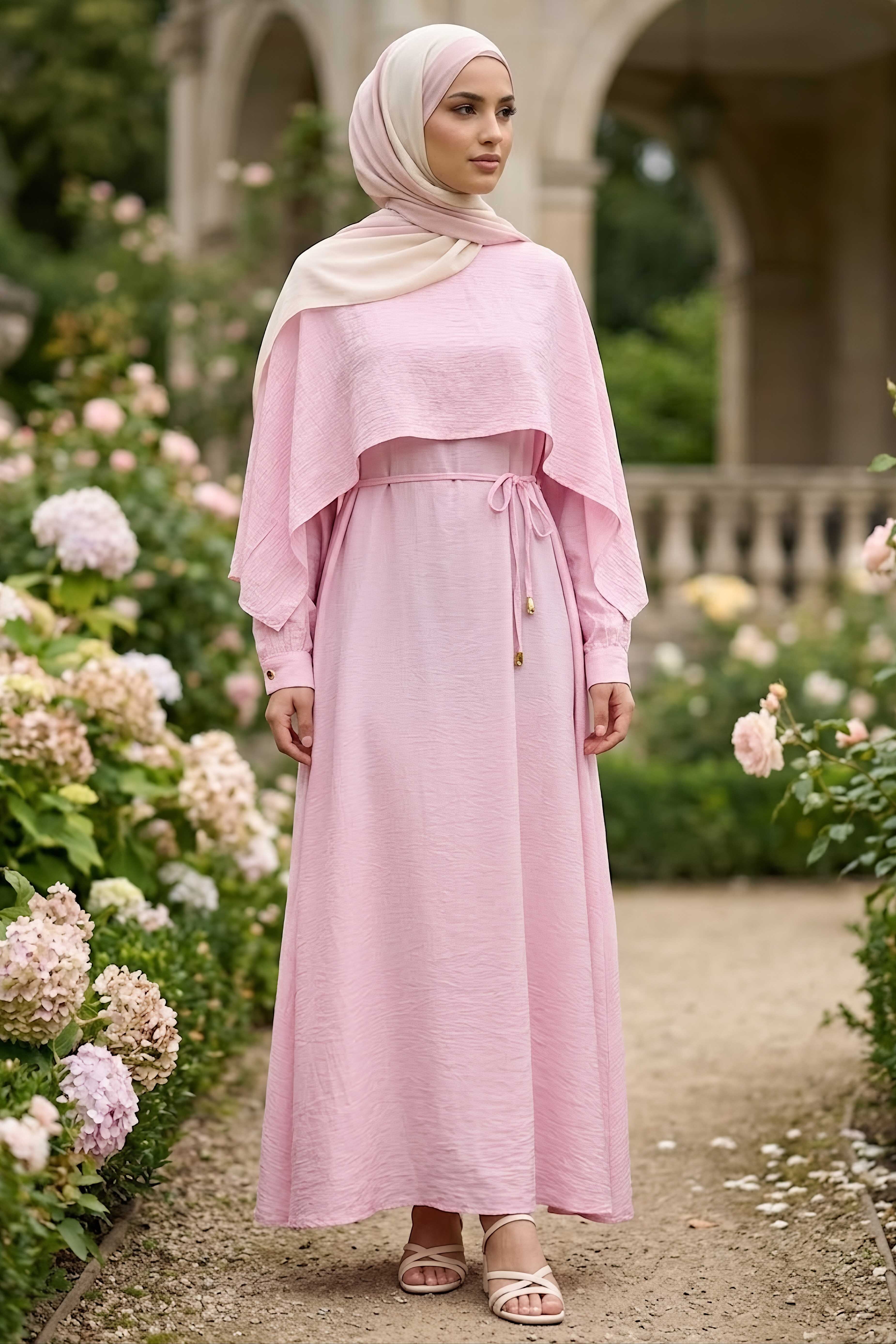 Pelerinli Elbise Pembe - 28627-PEMBE - 2