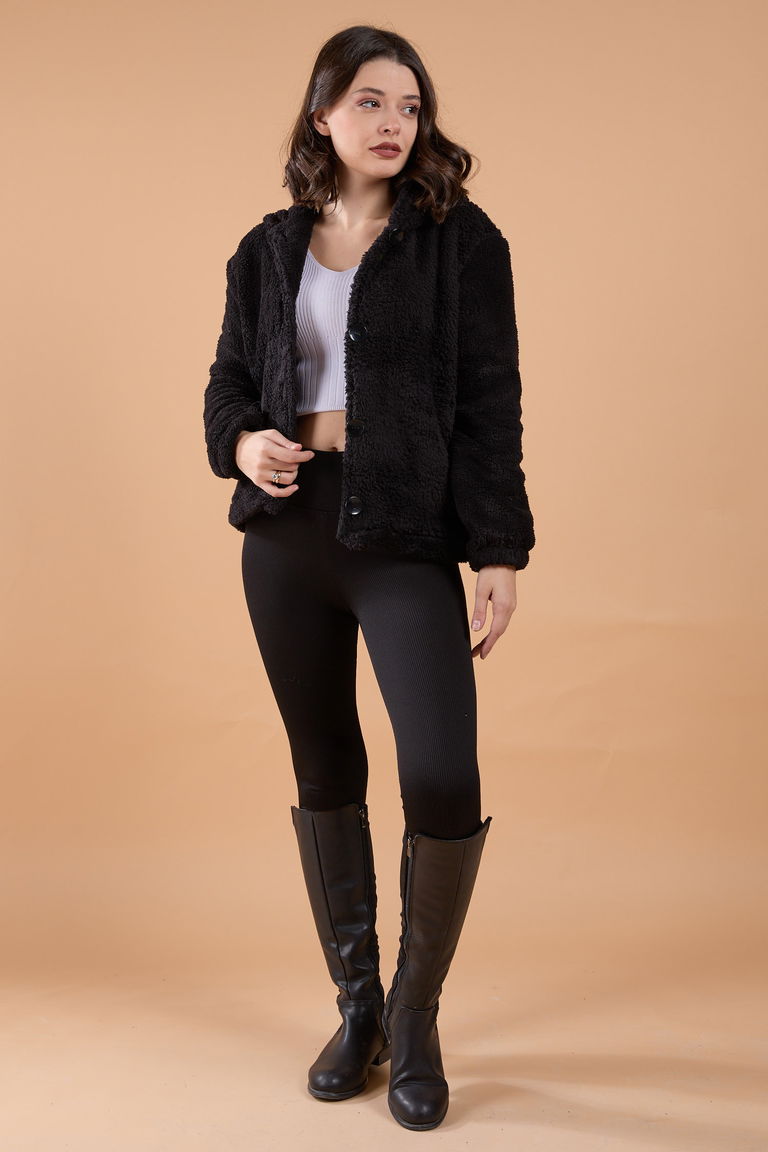 Peluş Ceket - 27822-SIYAH - TOFİSA
