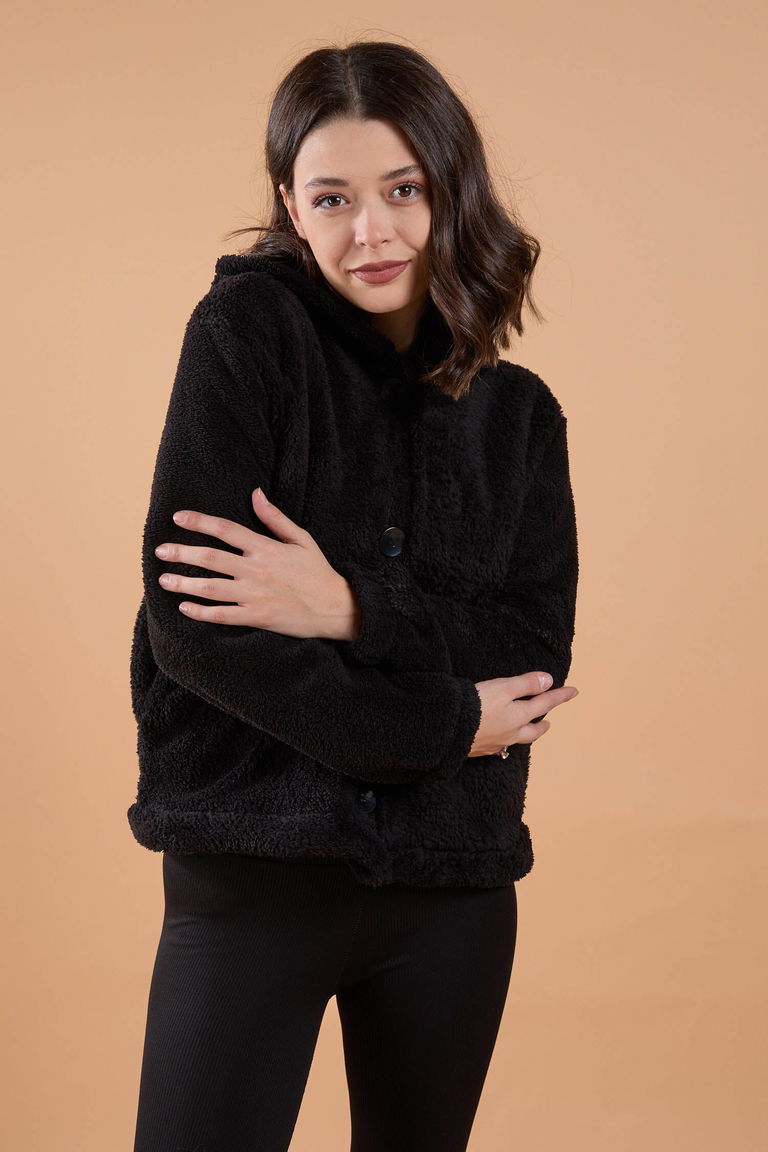 Peluş Ceket - 27822-SIYAH - TOFİSA