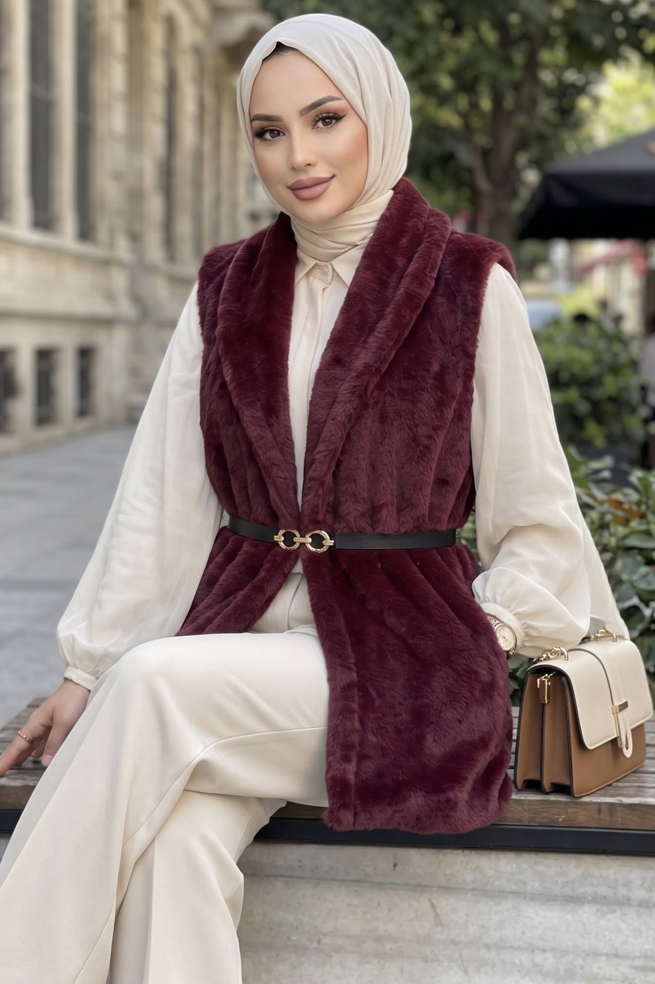 Peluş Kemerli Yelek Bordo - 29295-BORDO - 1