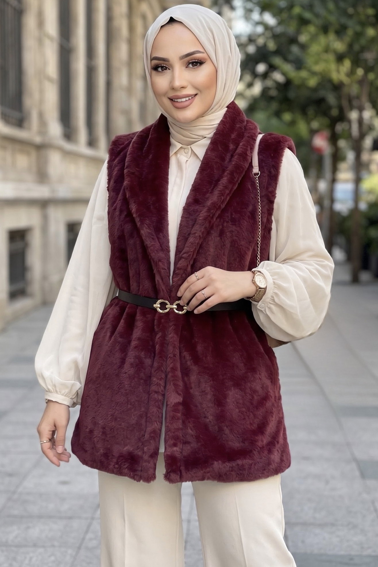 Peluş Kemerli Yelek Bordo - 29295-BORDO - 2