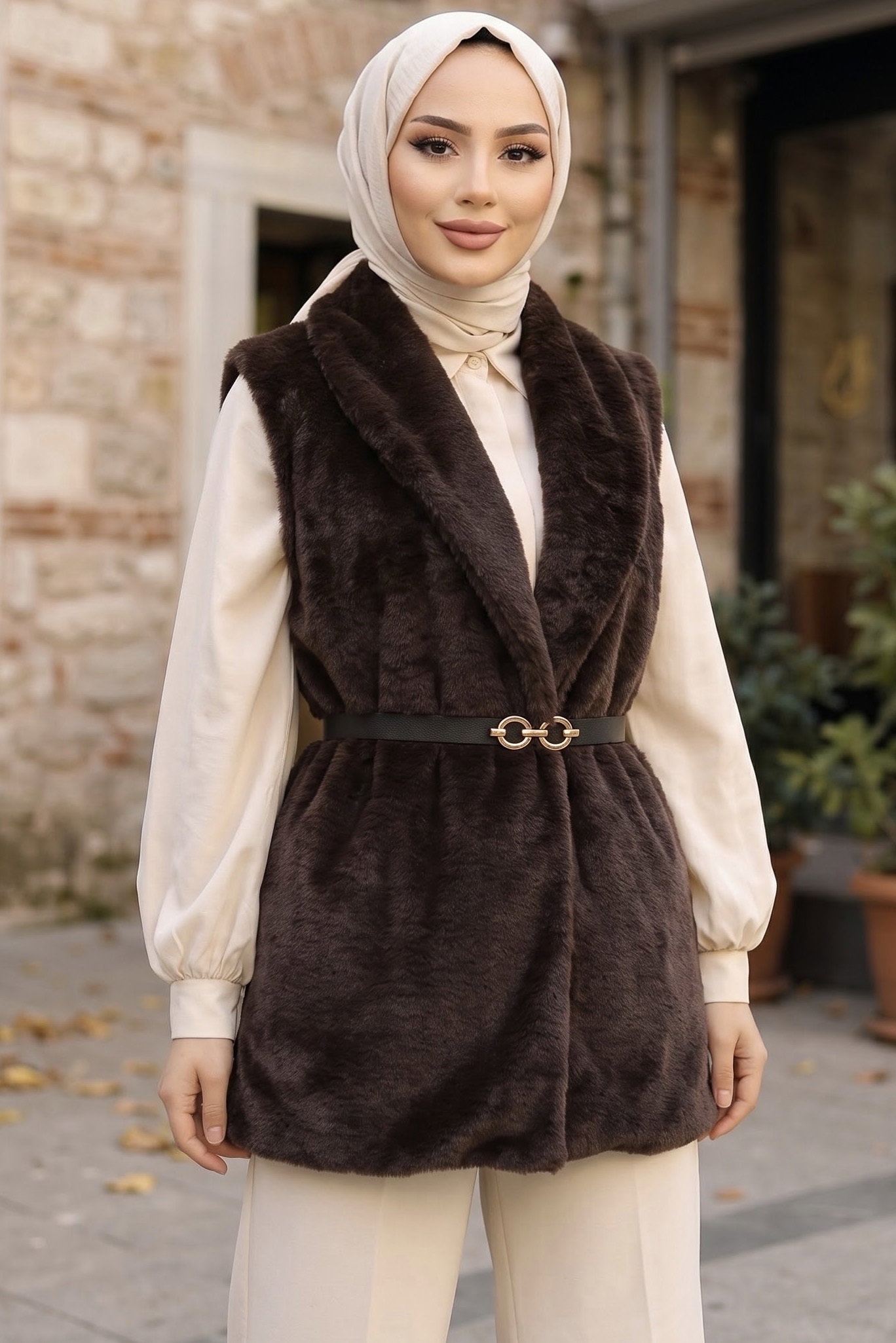 Peluş Kemerli Yelek Kahve - 29295-KAHVE - 1