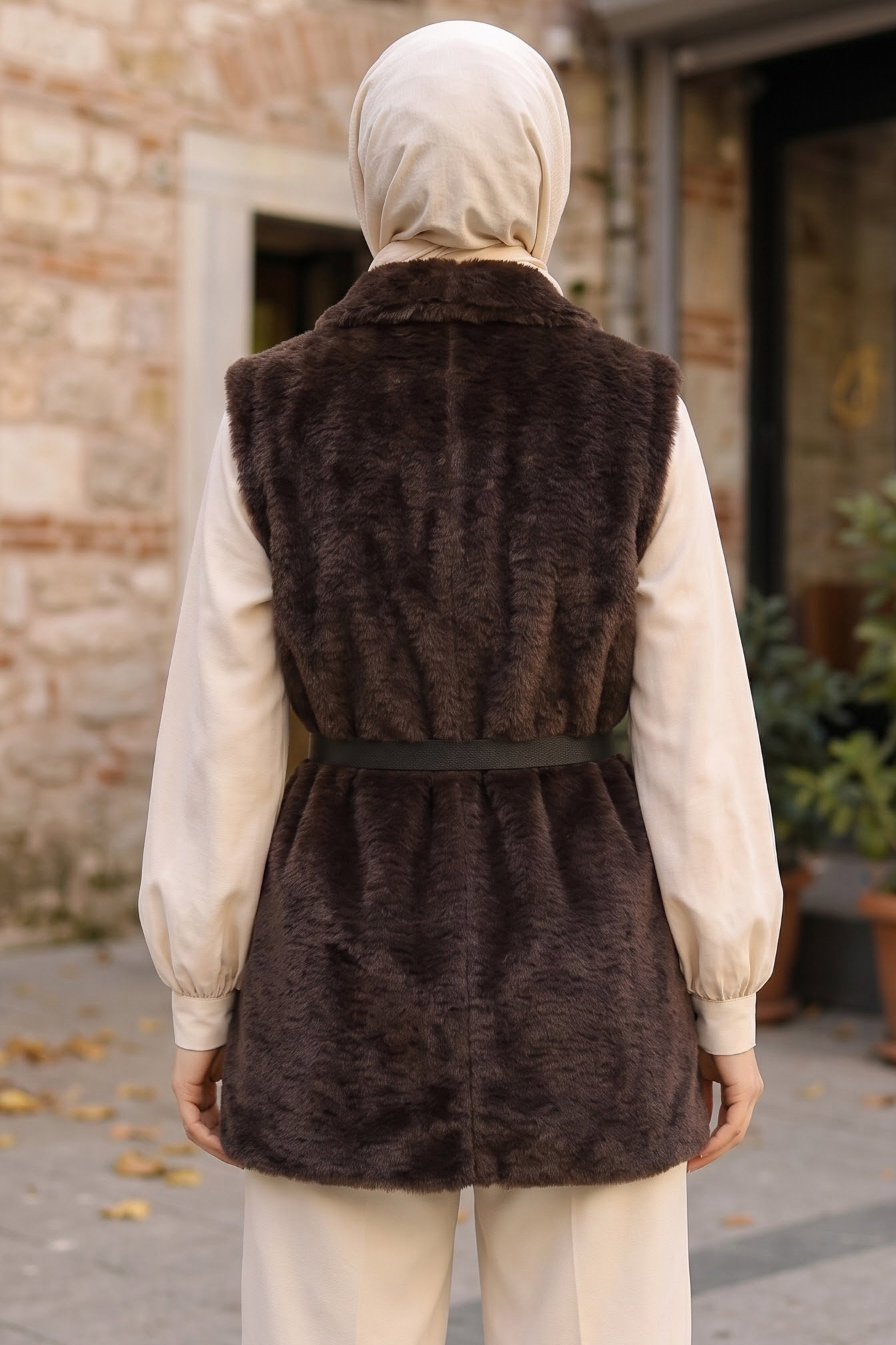 Peluş Kemerli Yelek Kahve - 29295-KAHVE - 3