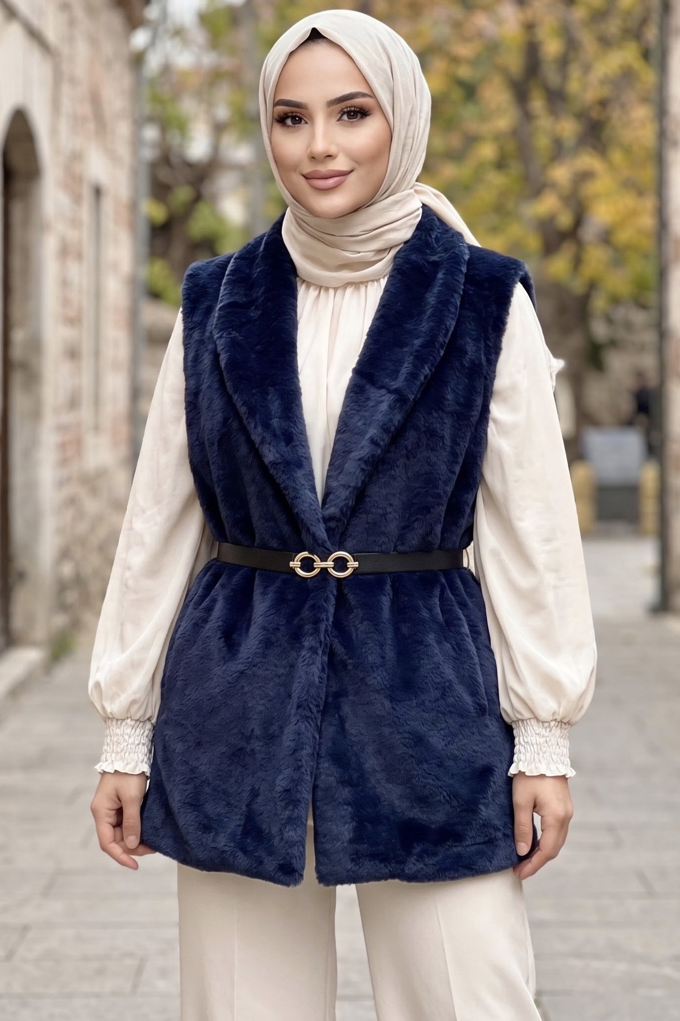 Peluş Kemerli Yelek Lacivert - 29295-LACIVERT - 1