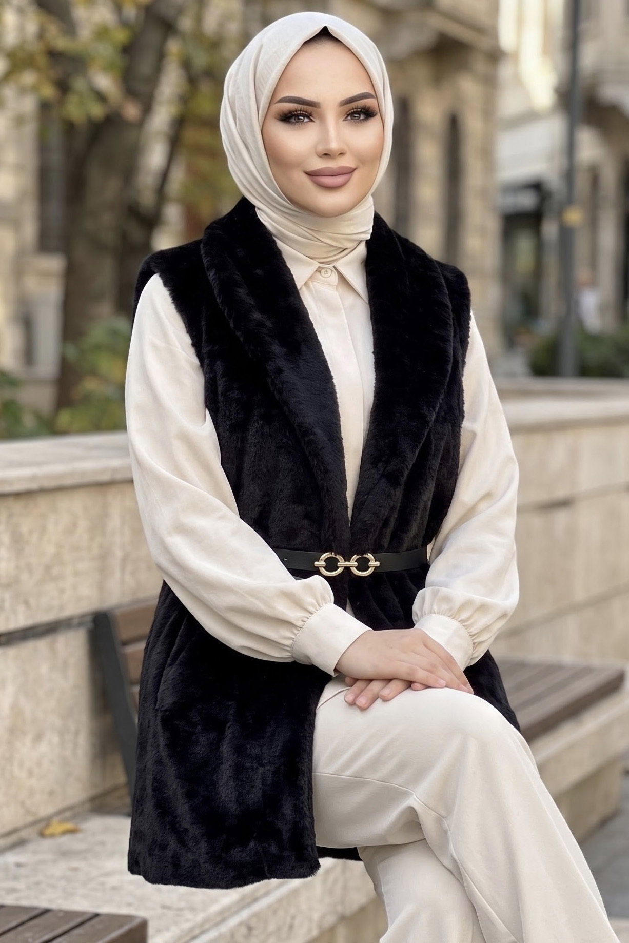 Peluş Kemerli Yelek Siyah - 29295-SIYAH - 1