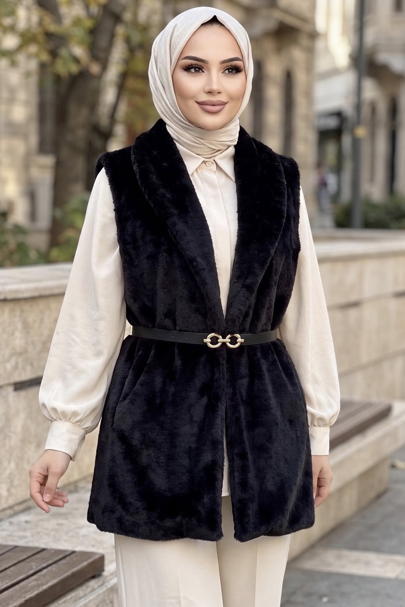 Peluş Kemerli Yelek Siyah - 29295-SIYAH - 2