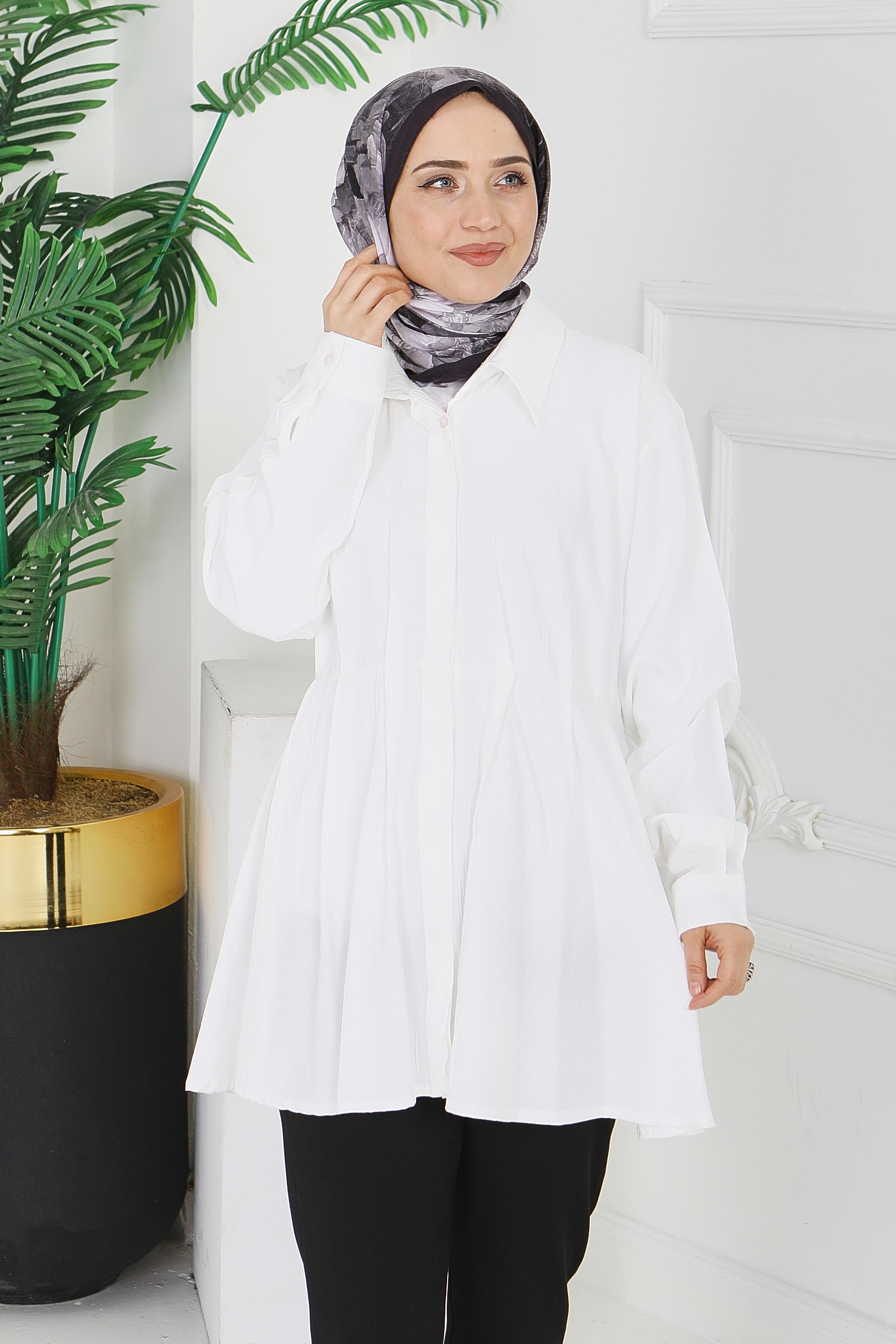 Pile Detaylı Çilek Tunik - 1312-BEYAZ - 1