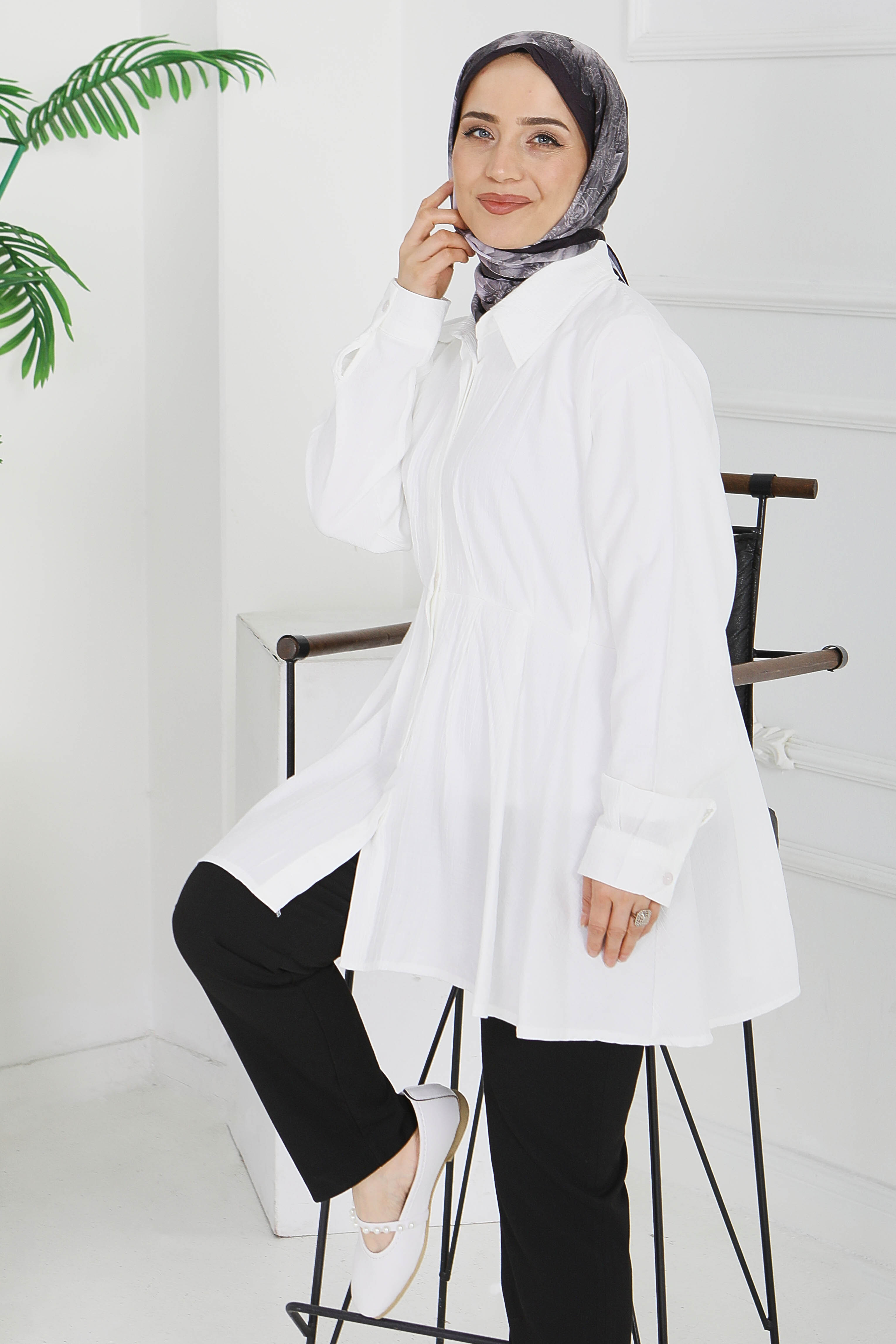 Pile Detaylı Çilek Tunik - 1312-BEYAZ - 2