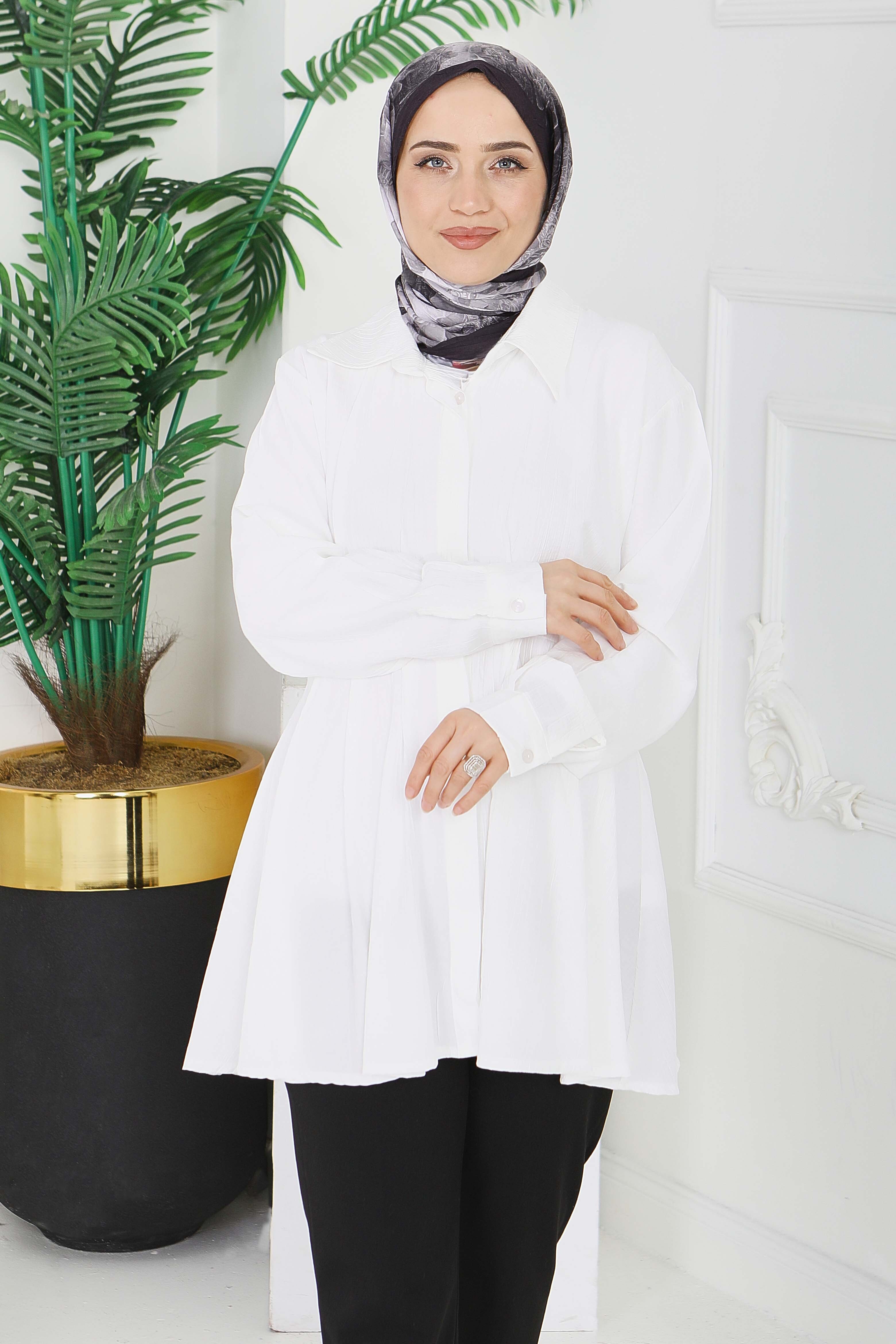 Pile Detaylı Çilek Tunik - 1312-BEYAZ - 3