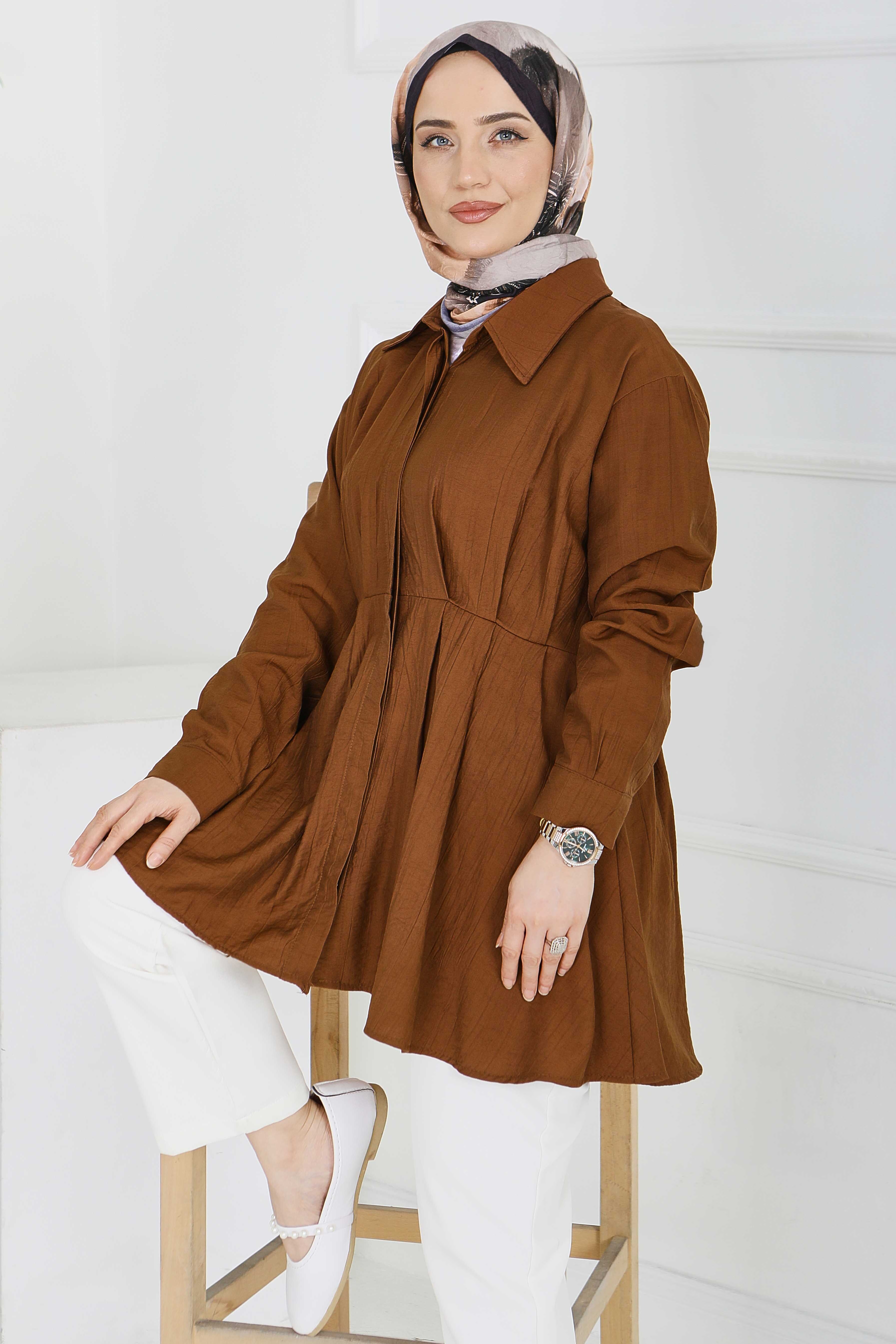 Pile Detaylı Çilek Tunik - 1312-KAHVE - 1