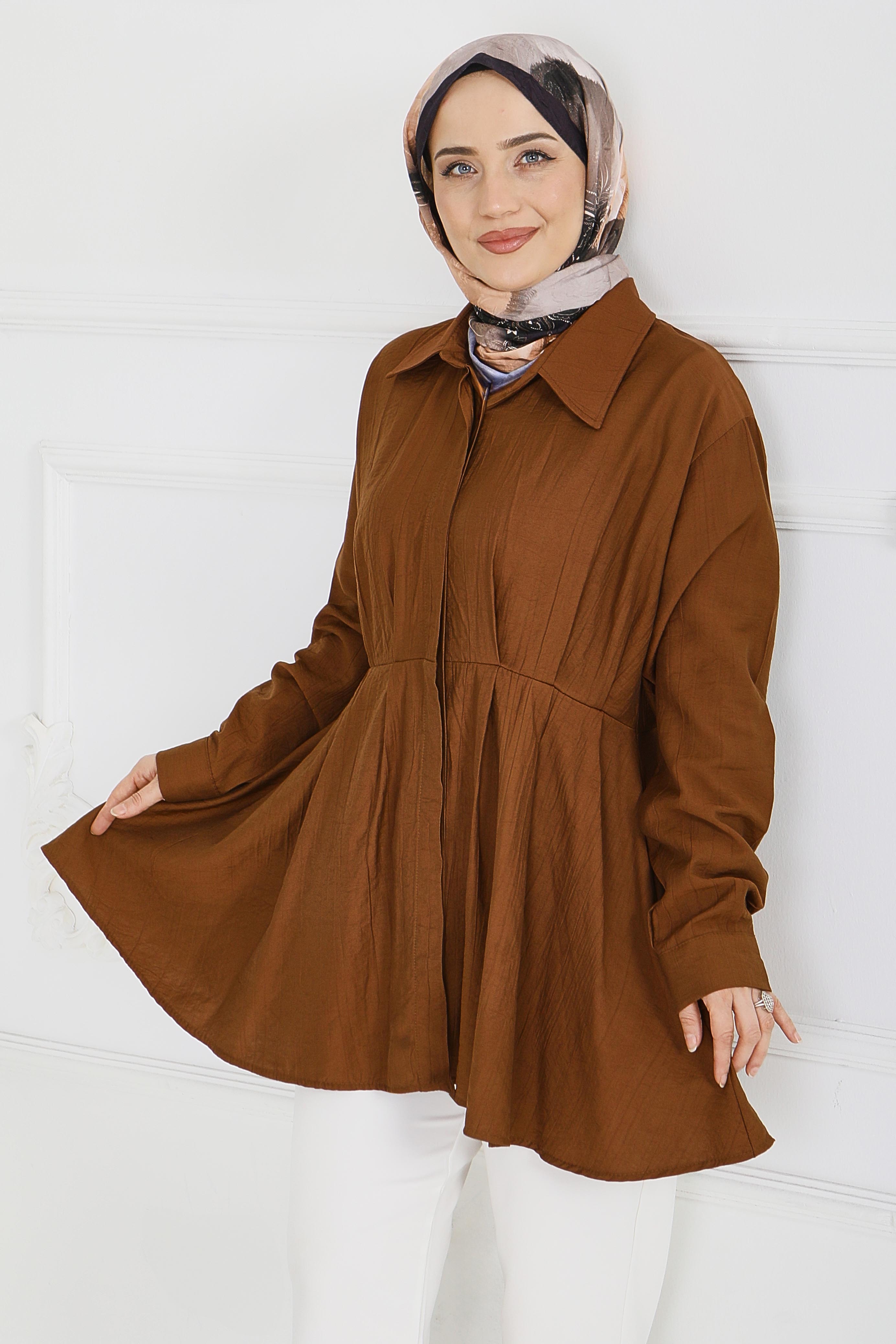 Pile Detaylı Çilek Tunik - 1312-KAHVE - 2