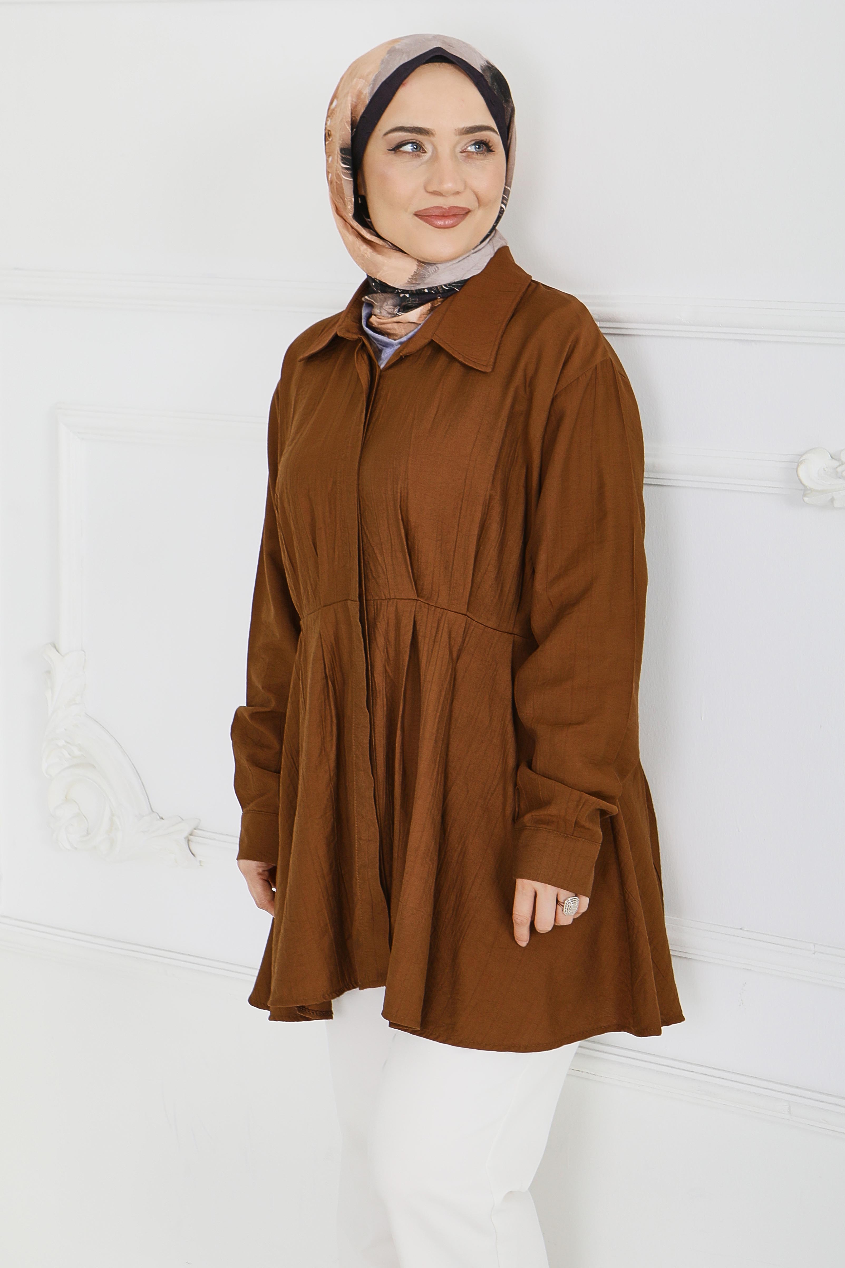 Pile Detaylı Çilek Tunik - 1312-KAHVE - 3