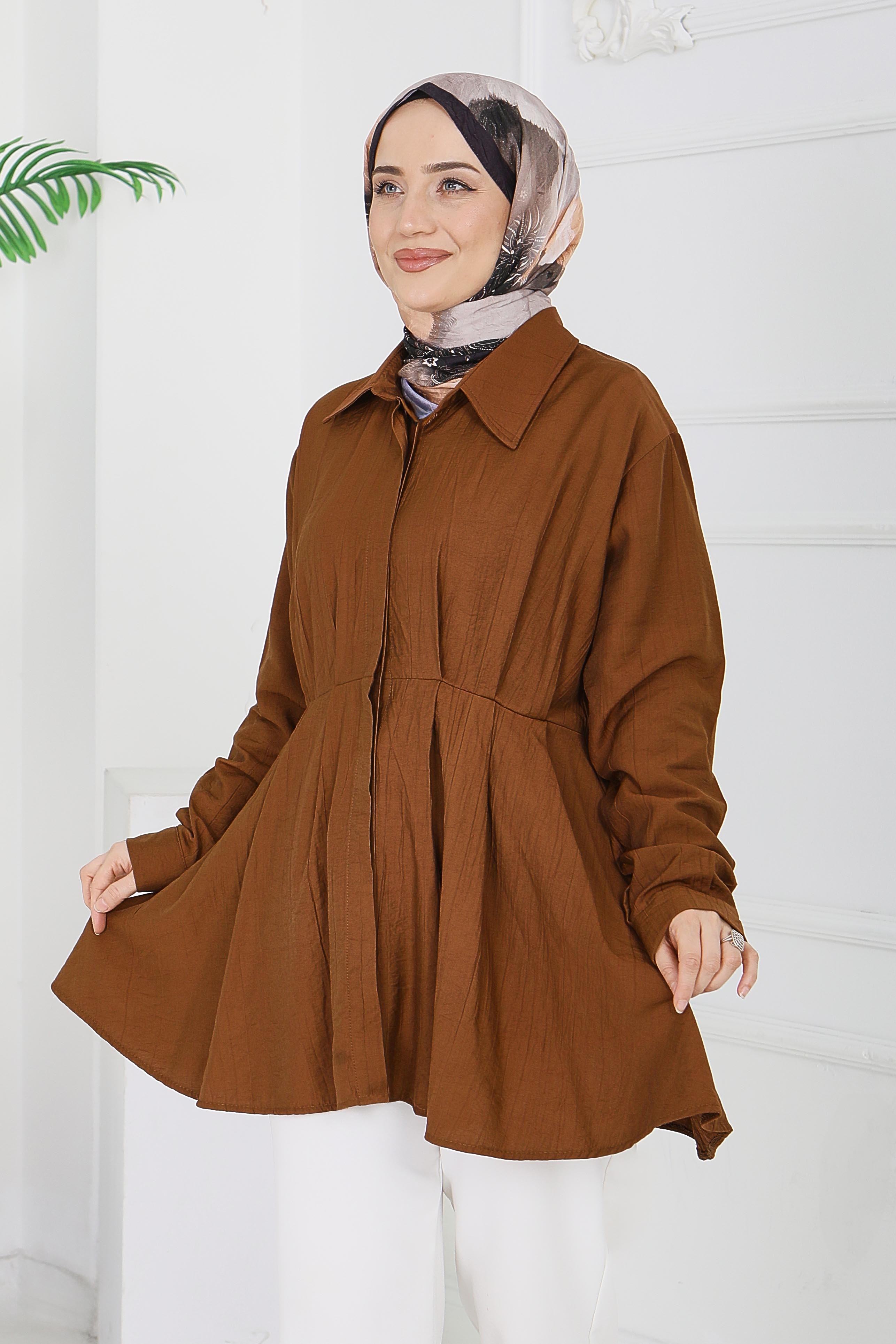 Pile Detaylı Çilek Tunik - 1312-KAHVE - 4