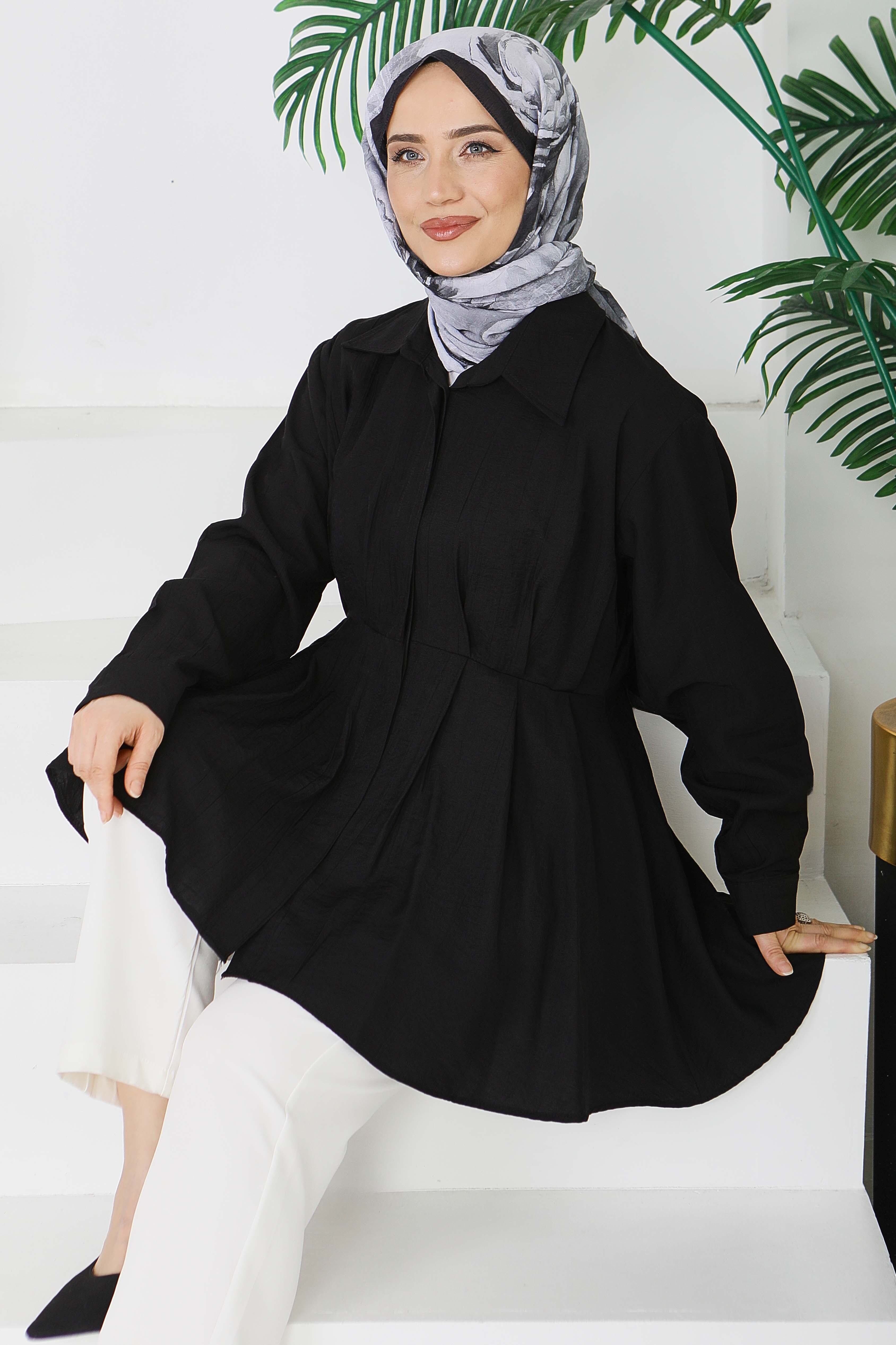 Pile Detaylı Çilek Tunik - 1312-SIYAH - 1