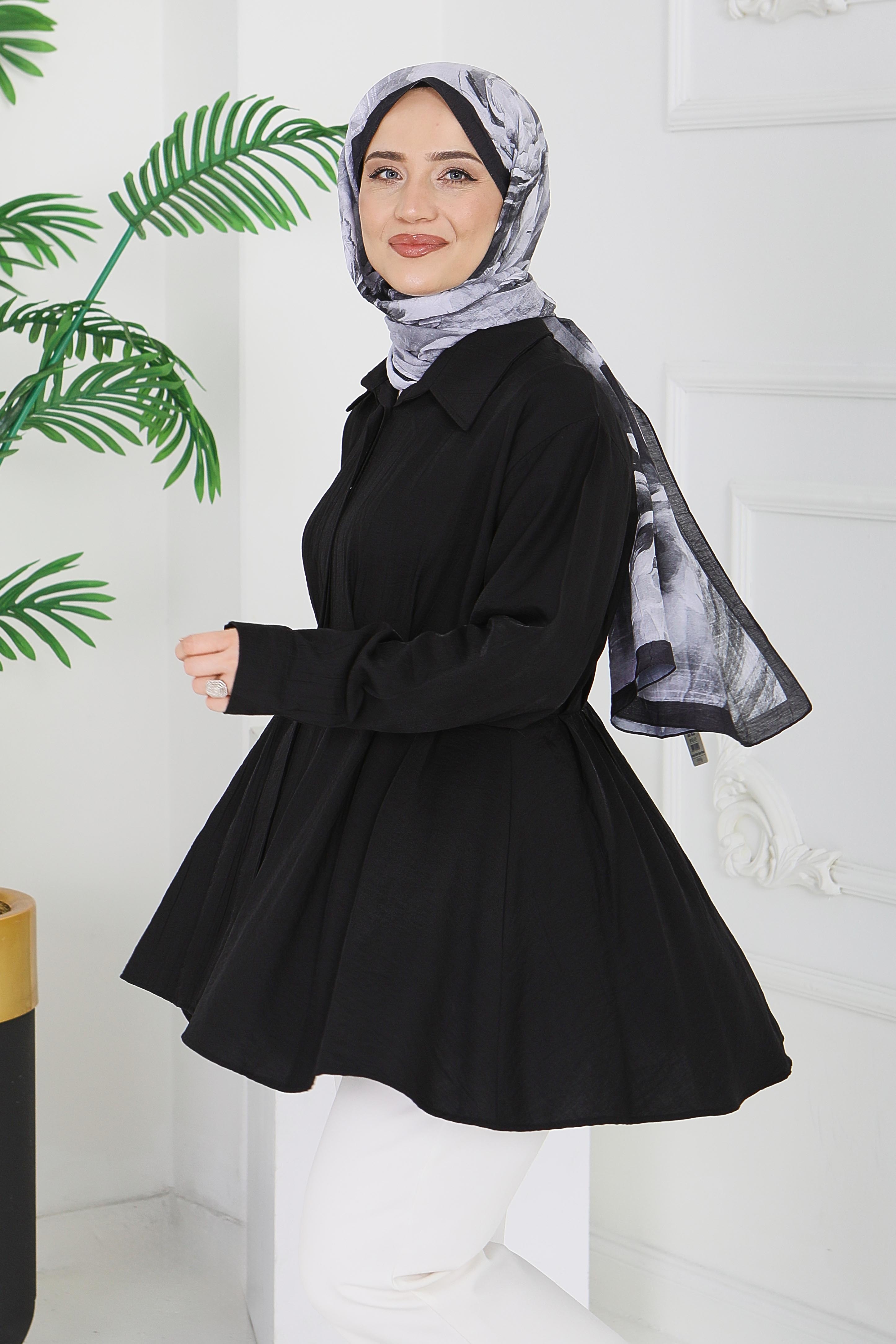 Pile Detaylı Çilek Tunik - 1312-SIYAH - 2