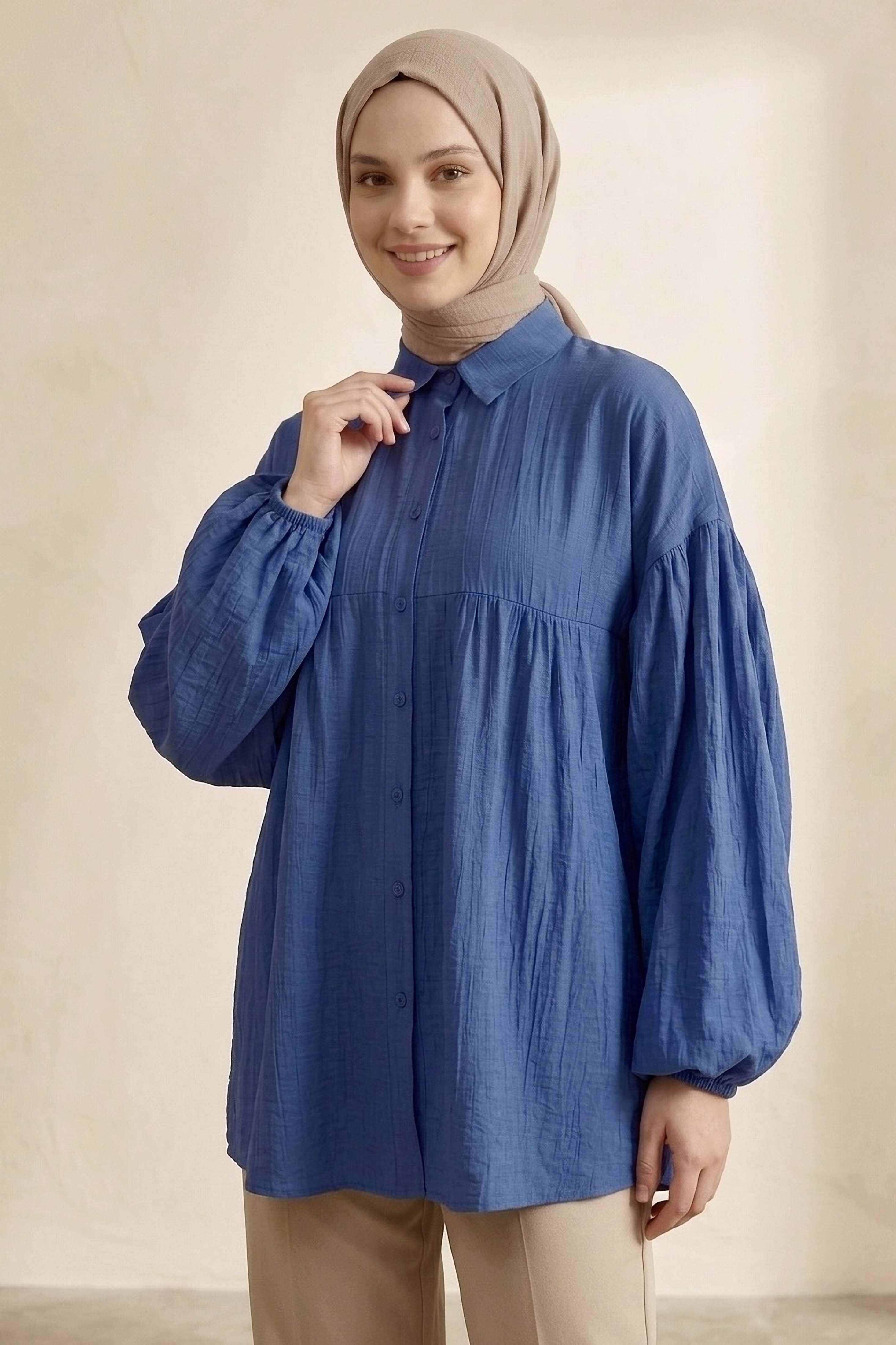 Pile Detaylı Çilek Tunik Indigo - 1319-INDIGO - 2