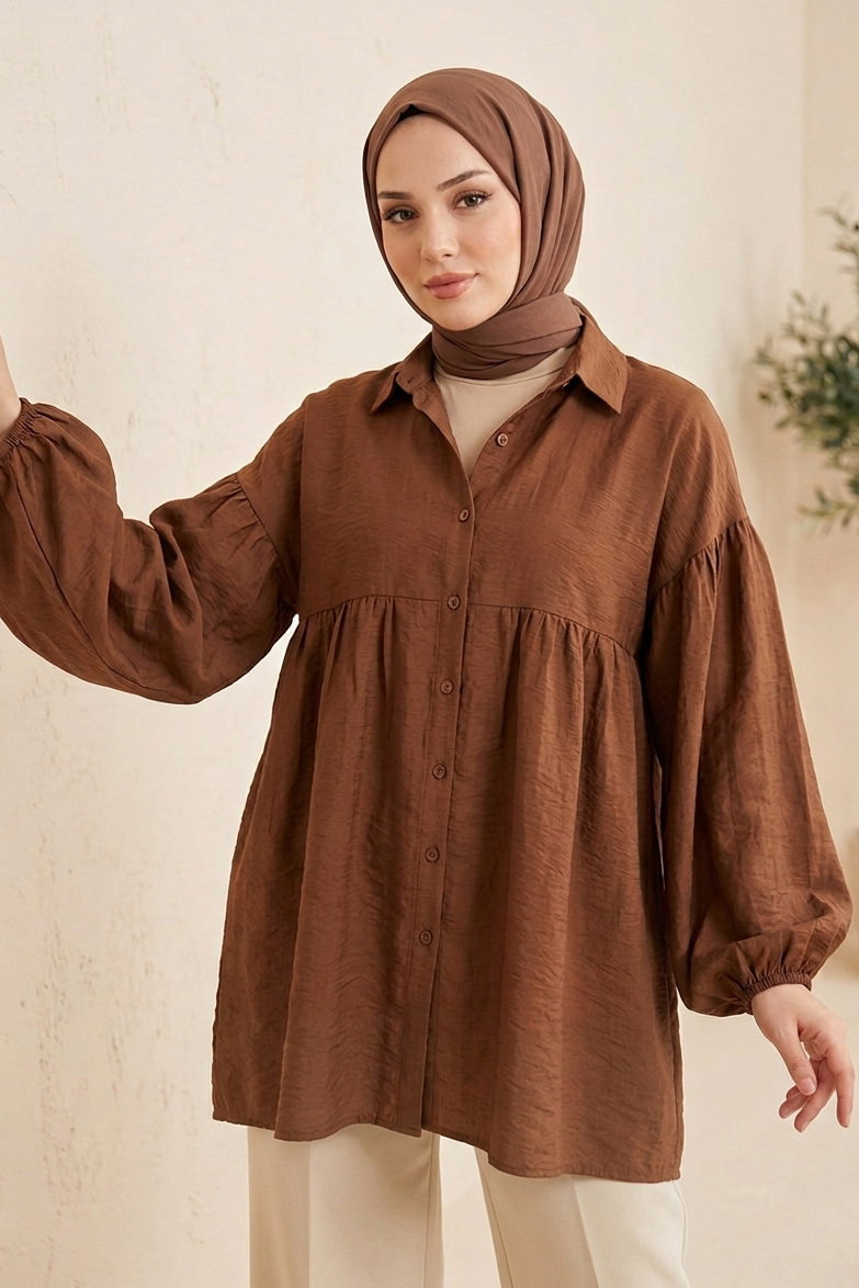 Pile Detaylı Çilek Tunik Kahve - 1319-KAHVE - 1