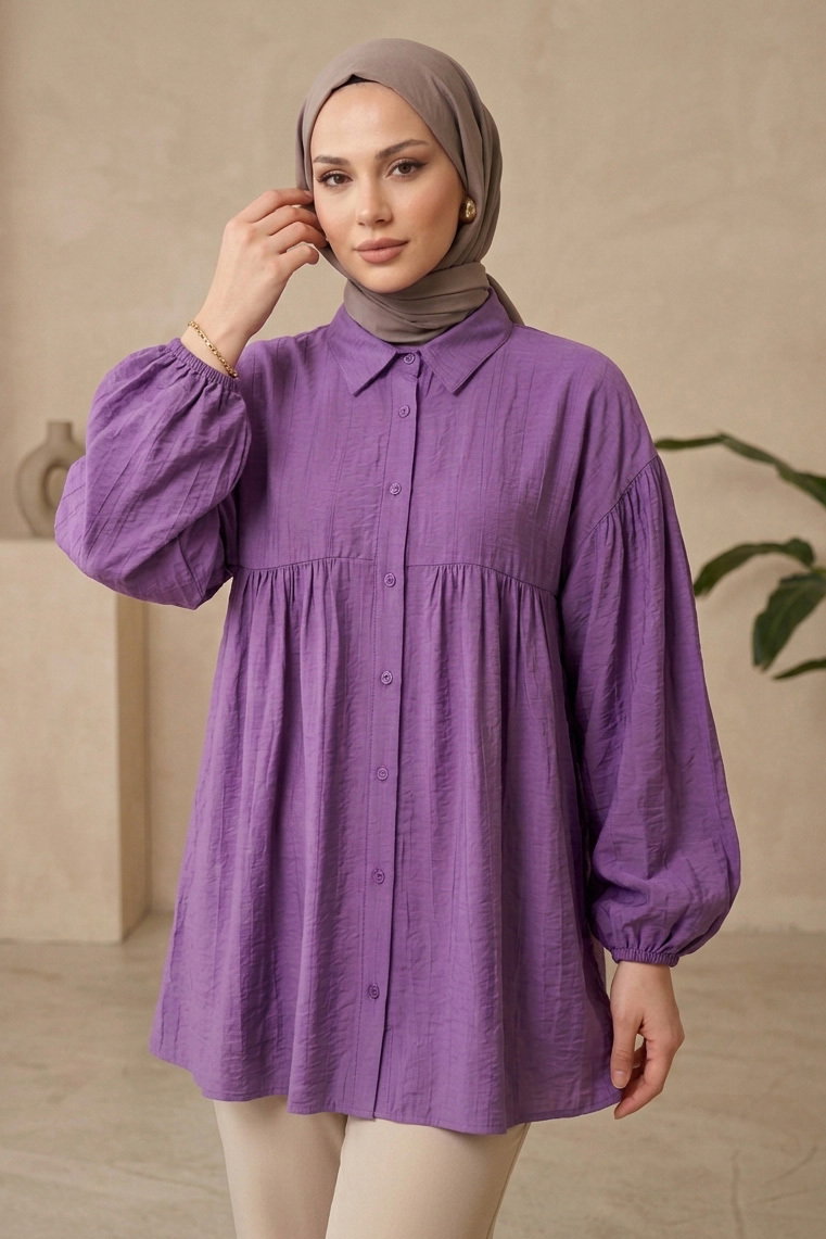 Pile Detaylı Çilek Tunik Lila - 1319-LILA - 1