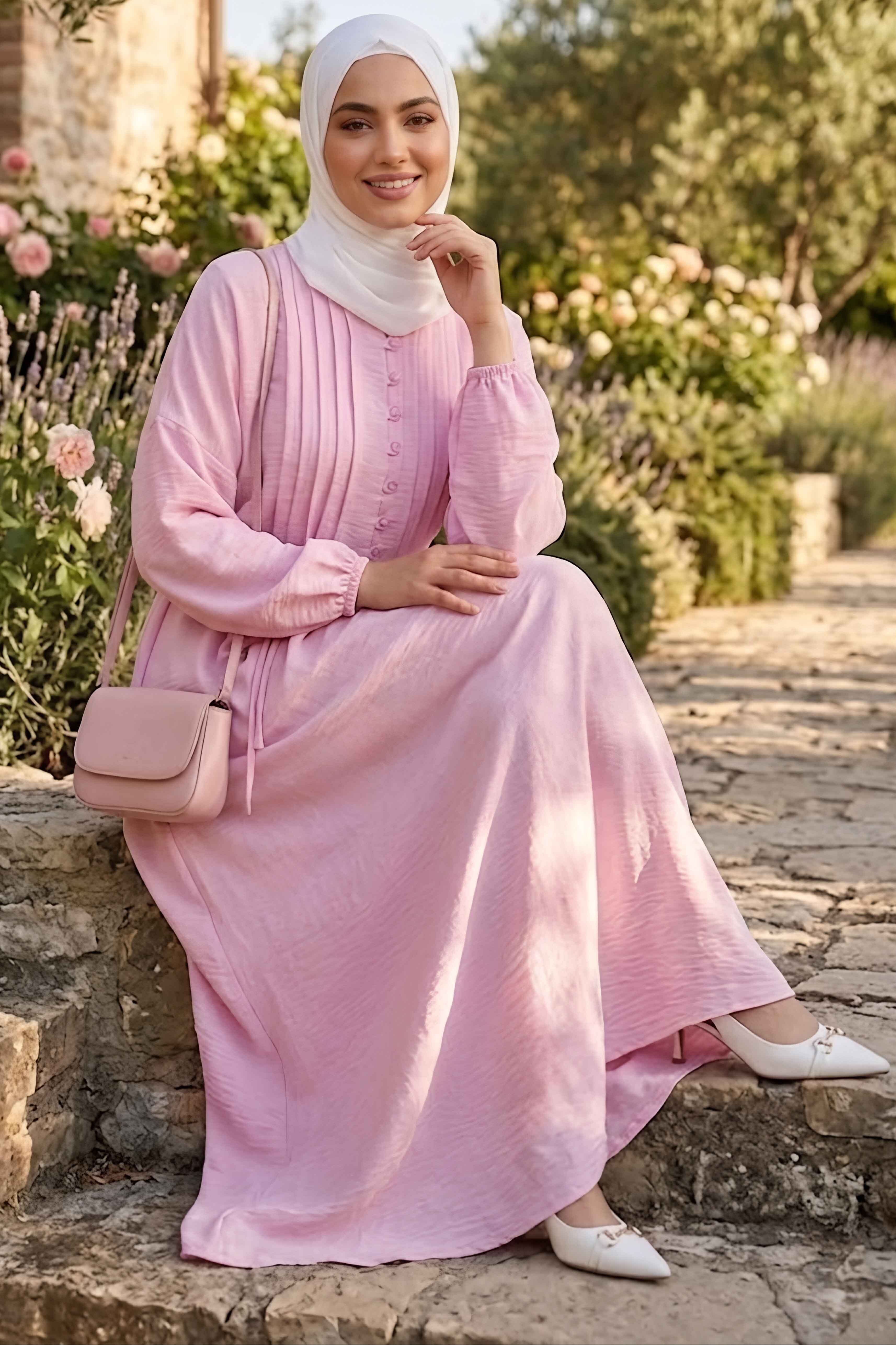 Pile Detaylı Düğmeli Elbise Pembe - 28752-PEMBE - 1
