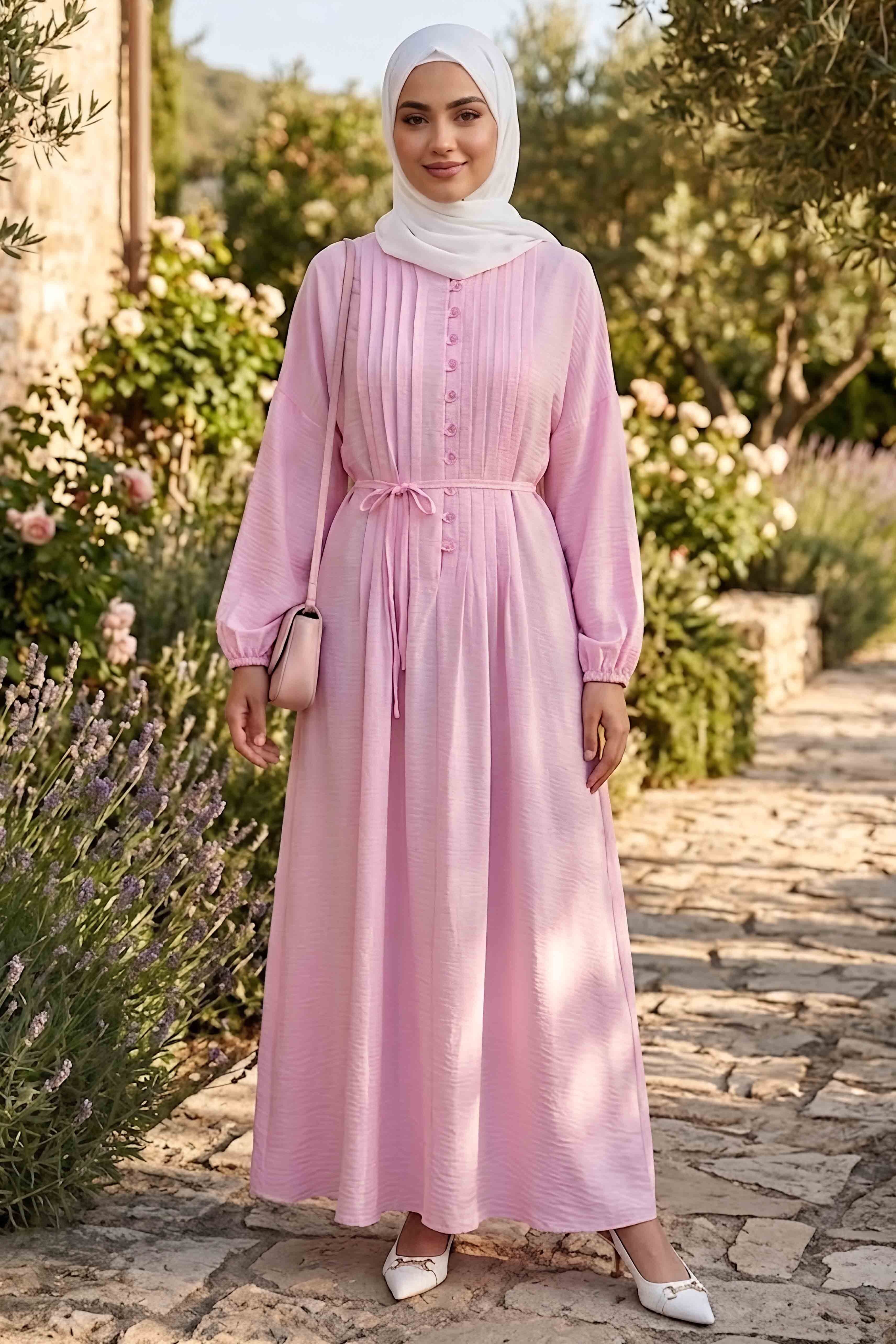 Pile Detaylı Düğmeli Elbise Pembe - 28752-PEMBE - 2