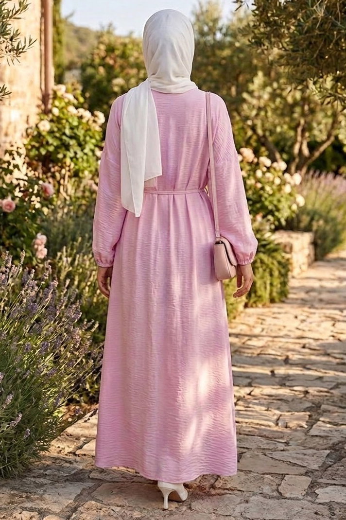Pile Detaylı Düğmeli Elbise Pembe - 28752-PEMBE - 3