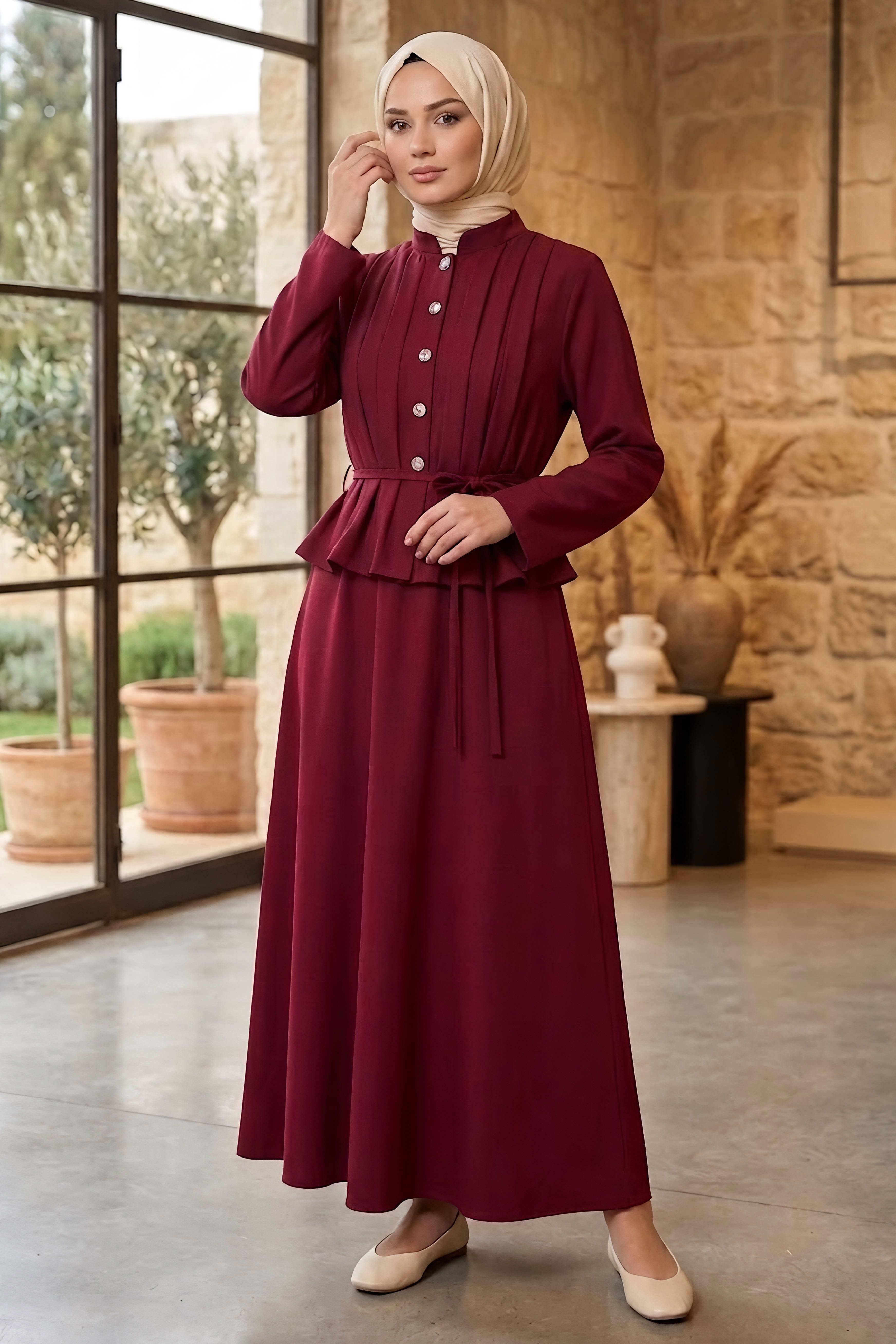 Pile Detaylı Etekli Takım Bordo - 28496-BORDO - 1