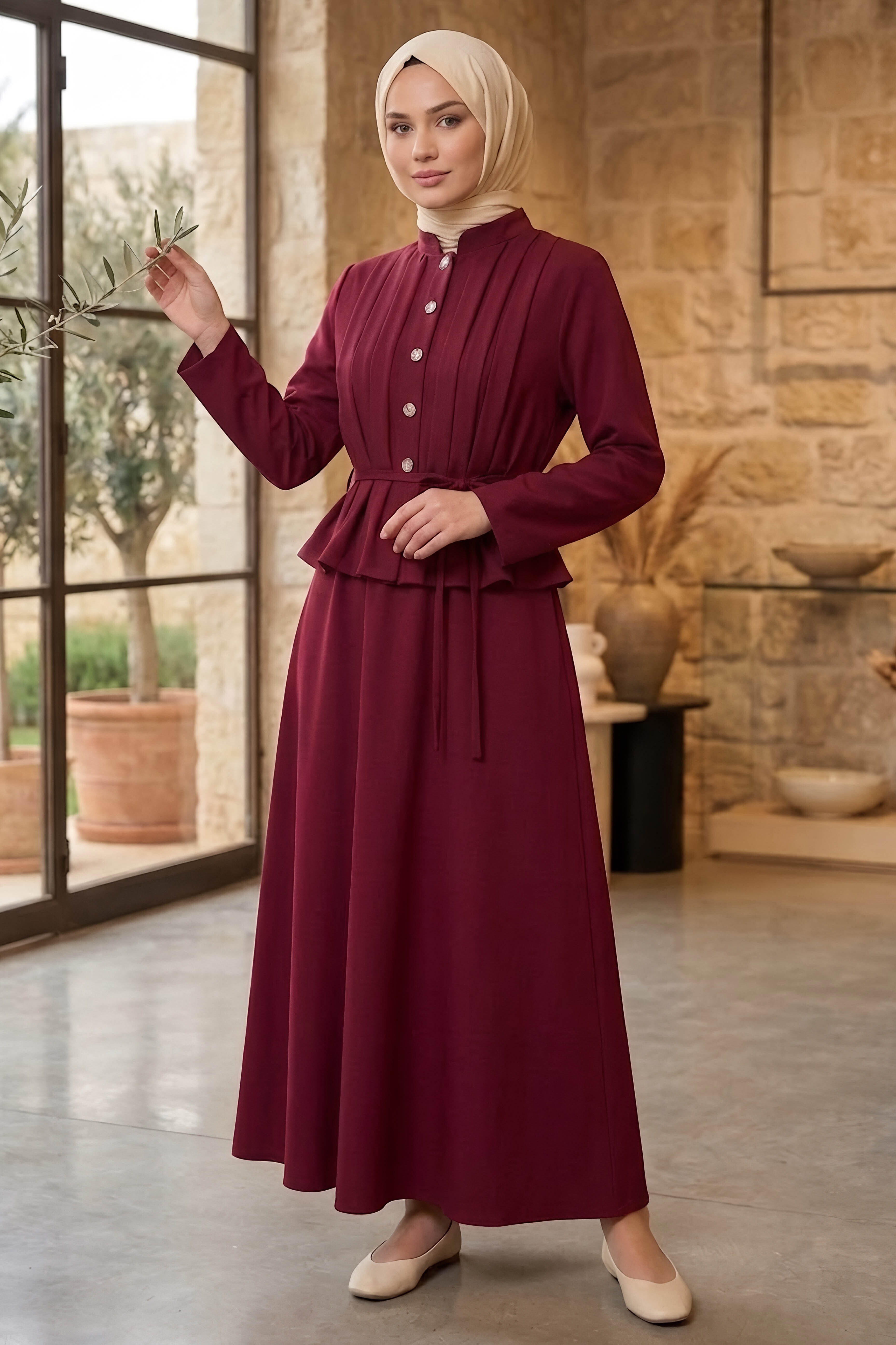 Pile Detaylı Etekli Takım Bordo - 28496-BORDO - 2