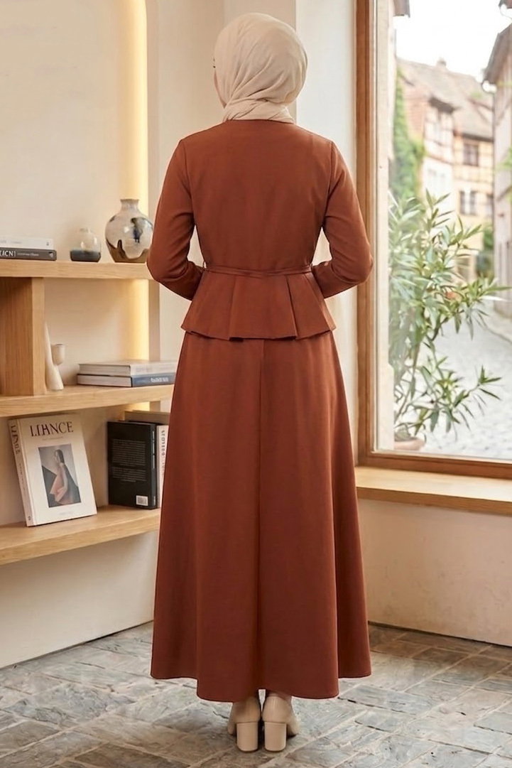 Pile Detaylı Etekli Takım Kahve - 28496-KAHVE - 3