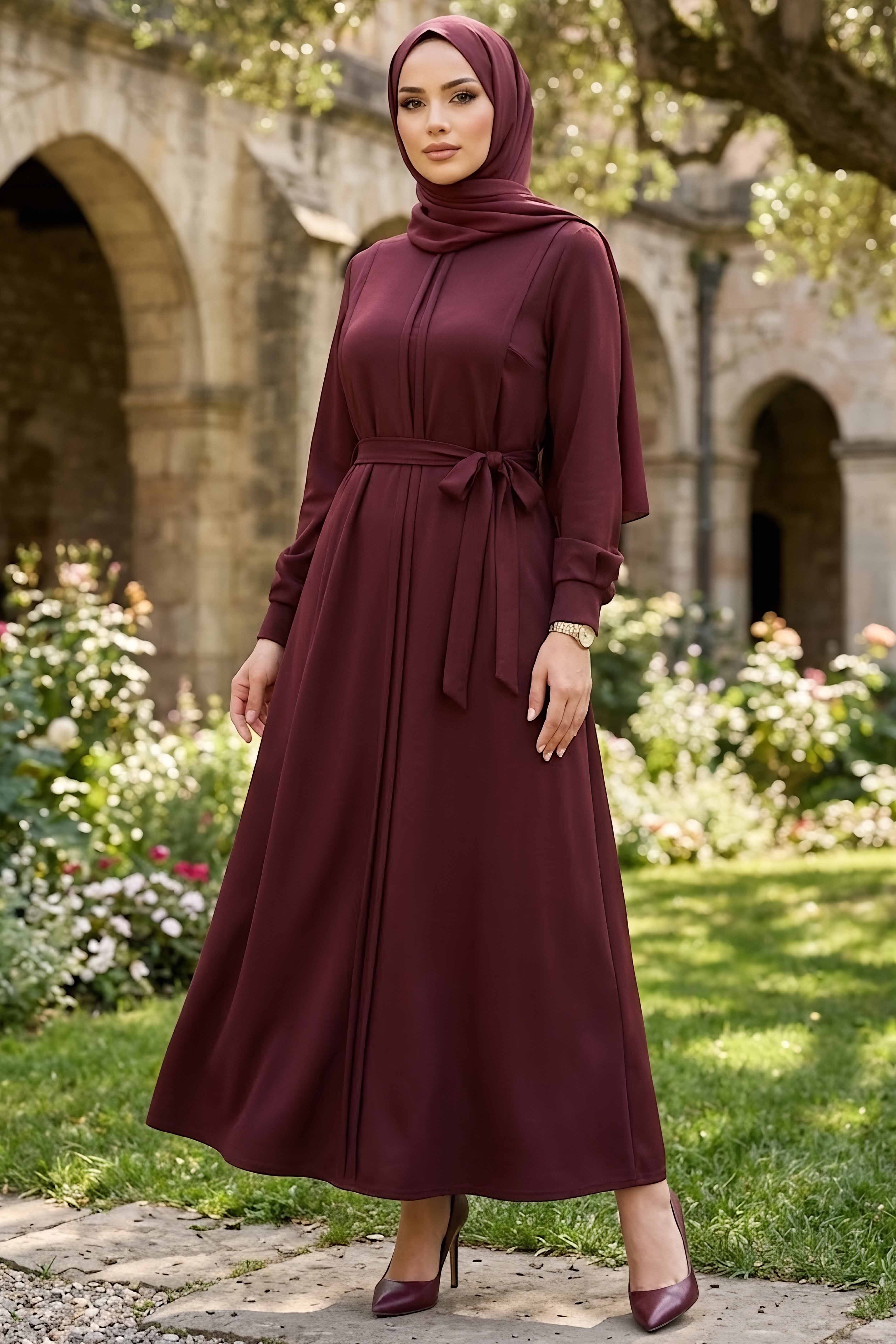 Pile Detaylı Kemerli Oysh Modal Elbise Bordo - 1116-BORDO - 1