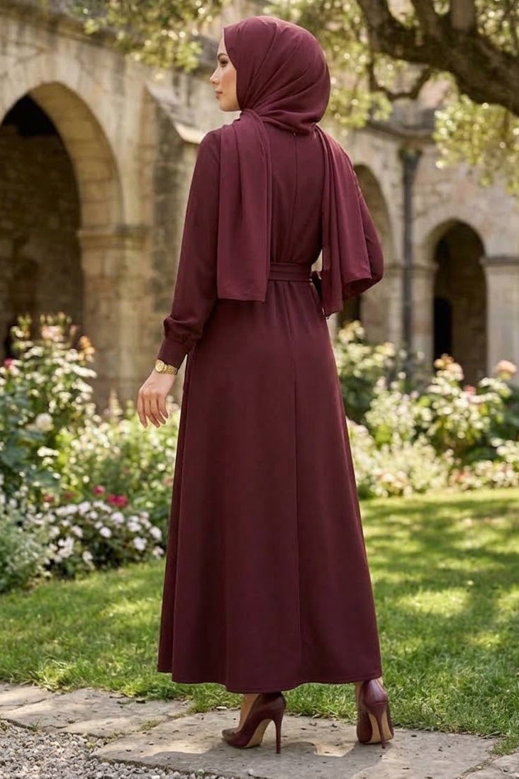 Pile Detaylı Kemerli Oysh Modal Elbise Bordo - 1116-BORDO - 3